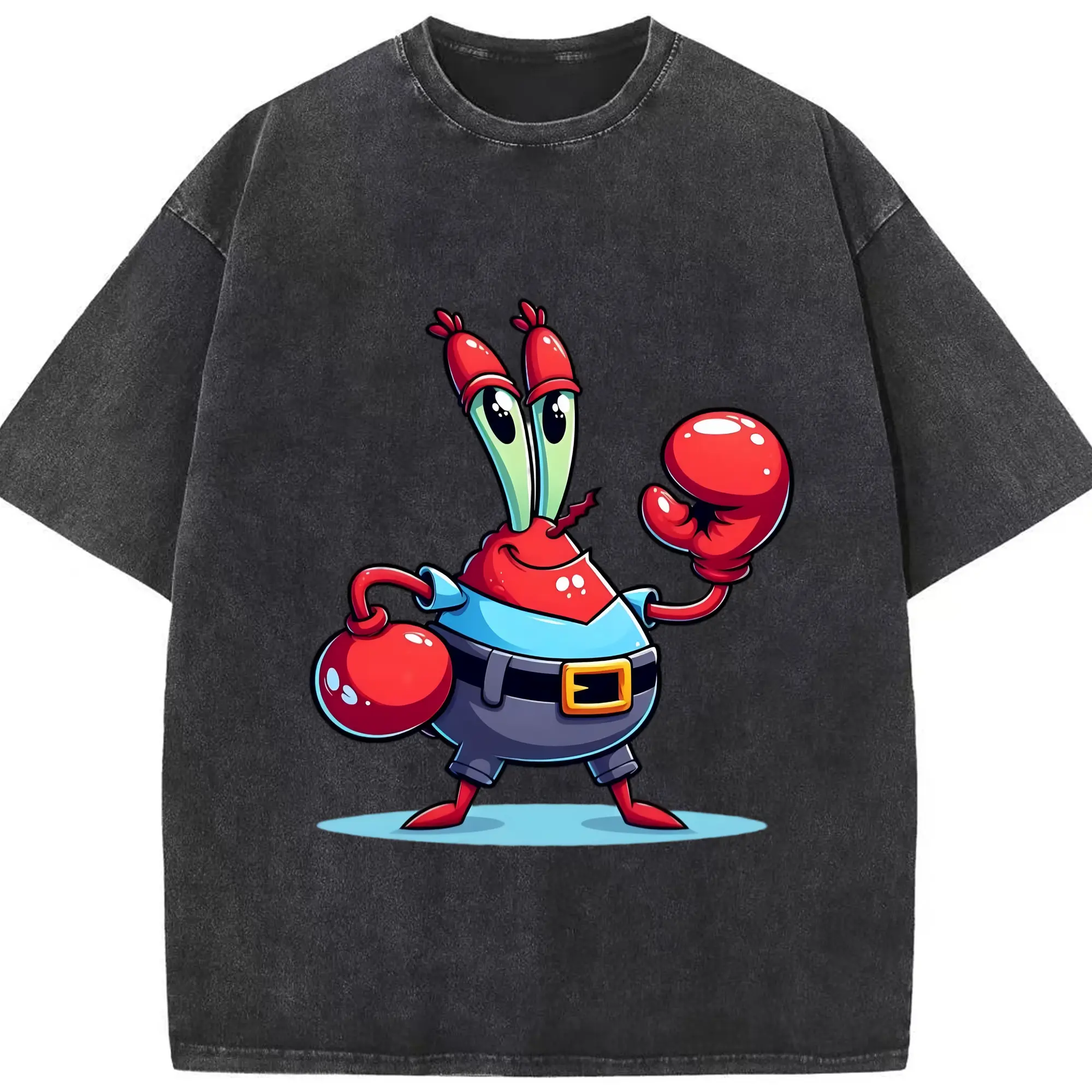 Spongebob Squarepants Mr. Krabs  t-Shirt - Washed Vintage Look 230g Cotton Oversized T-Shirt With Front Heat Transfer Print – Soft, Lightweight, Stylish Fit – Comfortable Casual Wear For Sports & Everyday Use