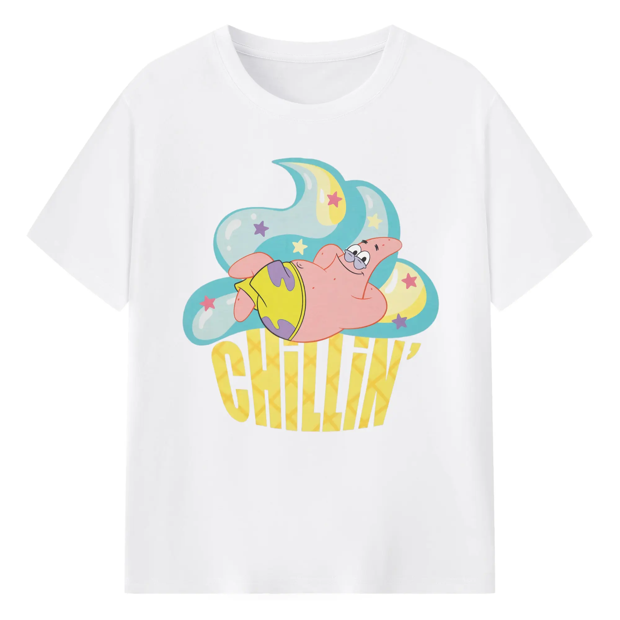 Spongebob Patrick Star chillin Graphic Tee - 180g Cotton T-Shirt With Front Heat Transfer Print – Soft, Lightweight, Fitted Design – Comfortable Casual Wear For Sports & Everyday Use