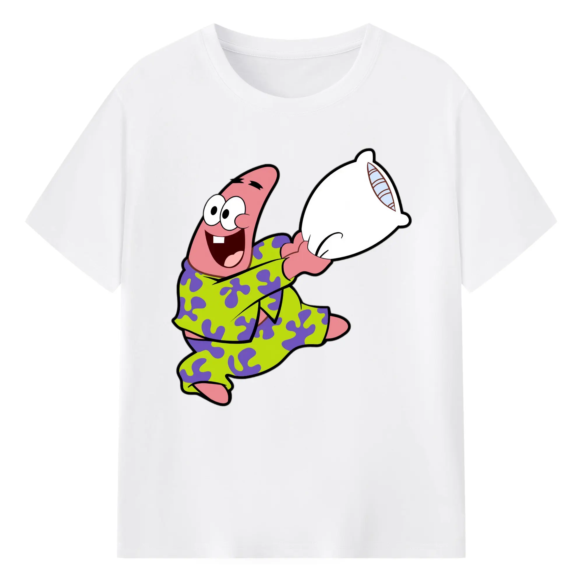 Spongebob Patrick Star Pillow Fight tee - 180g Cotton T-Shirt With Front Heat Transfer Print – Soft, Lightweight, Fitted Design – Comfortable Casual Wear For Sports & Everyday Use