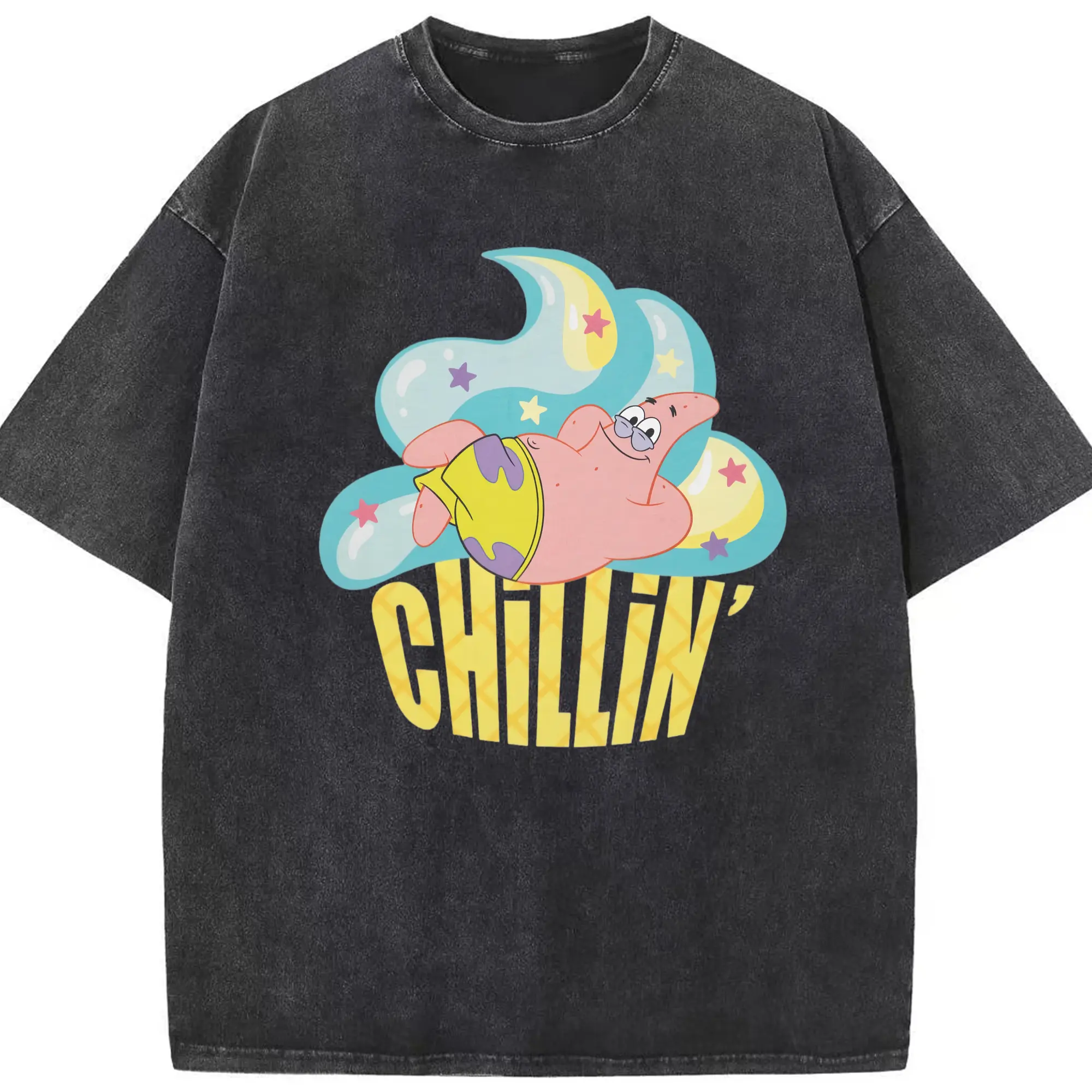 Spongebob Patrick Star chillin Graphic Tee - Washed Vintage Look 230g Cotton Oversized T-Shirt With Front Heat Transfer Print – Soft, Lightweight, Stylish Fit – Comfortable Casual Wear For Sports & Everyday Use