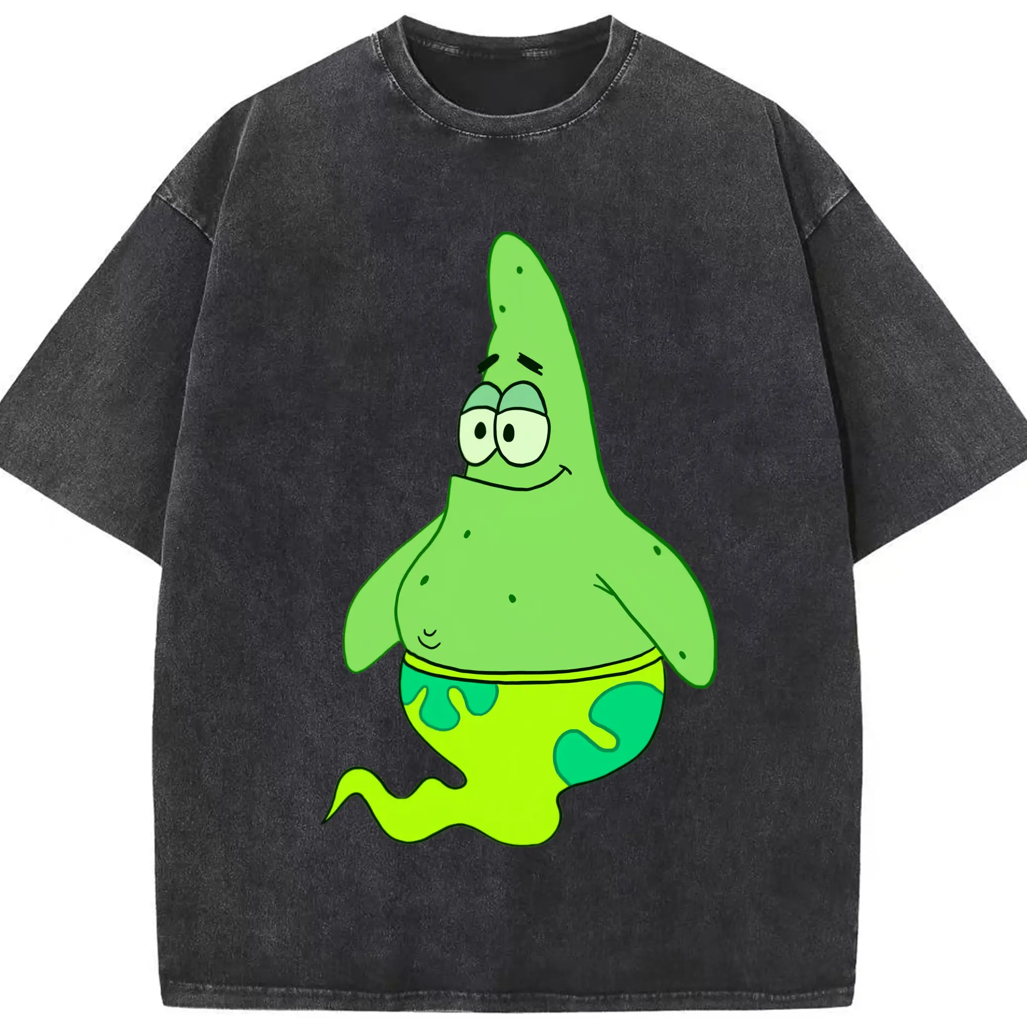 Green Patrick Star Graphic T-Shirt - Washed Vintage Look 230g Cotton Oversized T-Shirt With Front Heat Transfer Print – Soft, Lightweight, Stylish Fit – Comfortable Casual Wear For Sports & Everyday Use