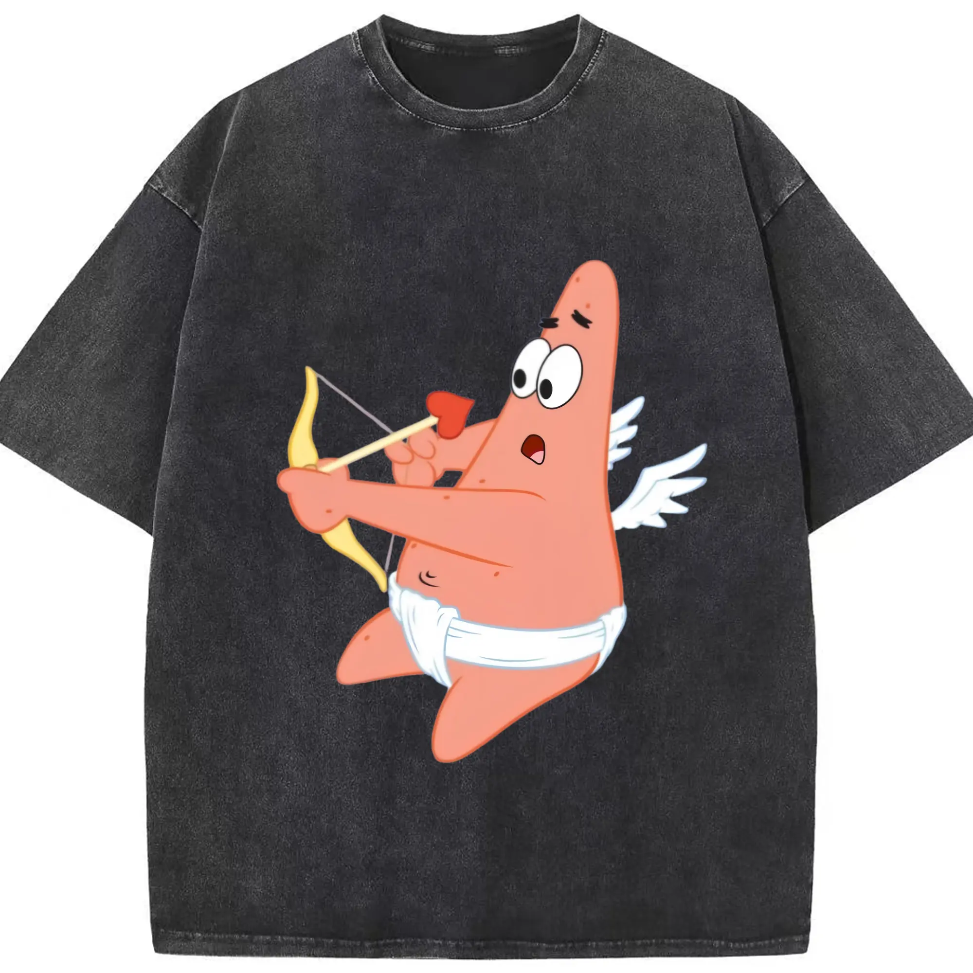 Spongebob Patrick Star Cupid&#039;s Arrow Graphic Tee - Washed Vintage Look 230g Cotton Oversized T-Shirt With Front Heat Transfer Print – Soft, Lightweight, Stylish Fit – Comfortable Casual Wear For Sports & Everyday Use