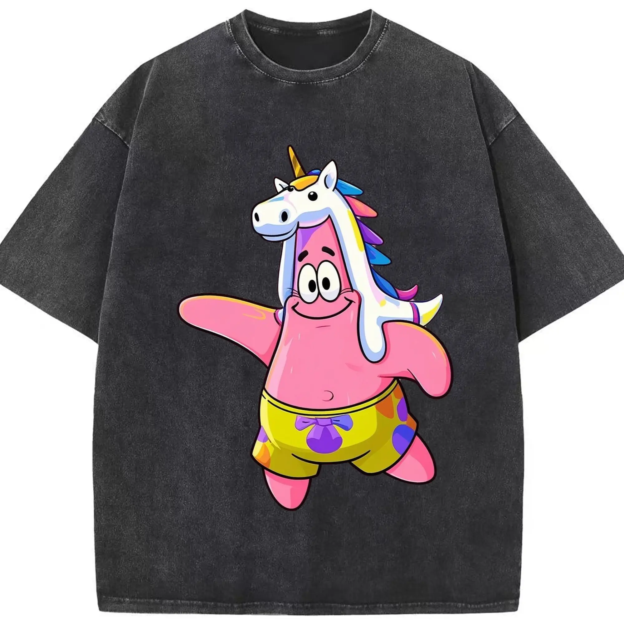 Patrick Star  unicorn Graphic T-Shirt - Washed Vintage Look 230g Cotton Oversized T-Shirt With Front Heat Transfer Print – Soft, Lightweight, Stylish Fit – Comfortable Casual Wear For Sports & Everyday Use