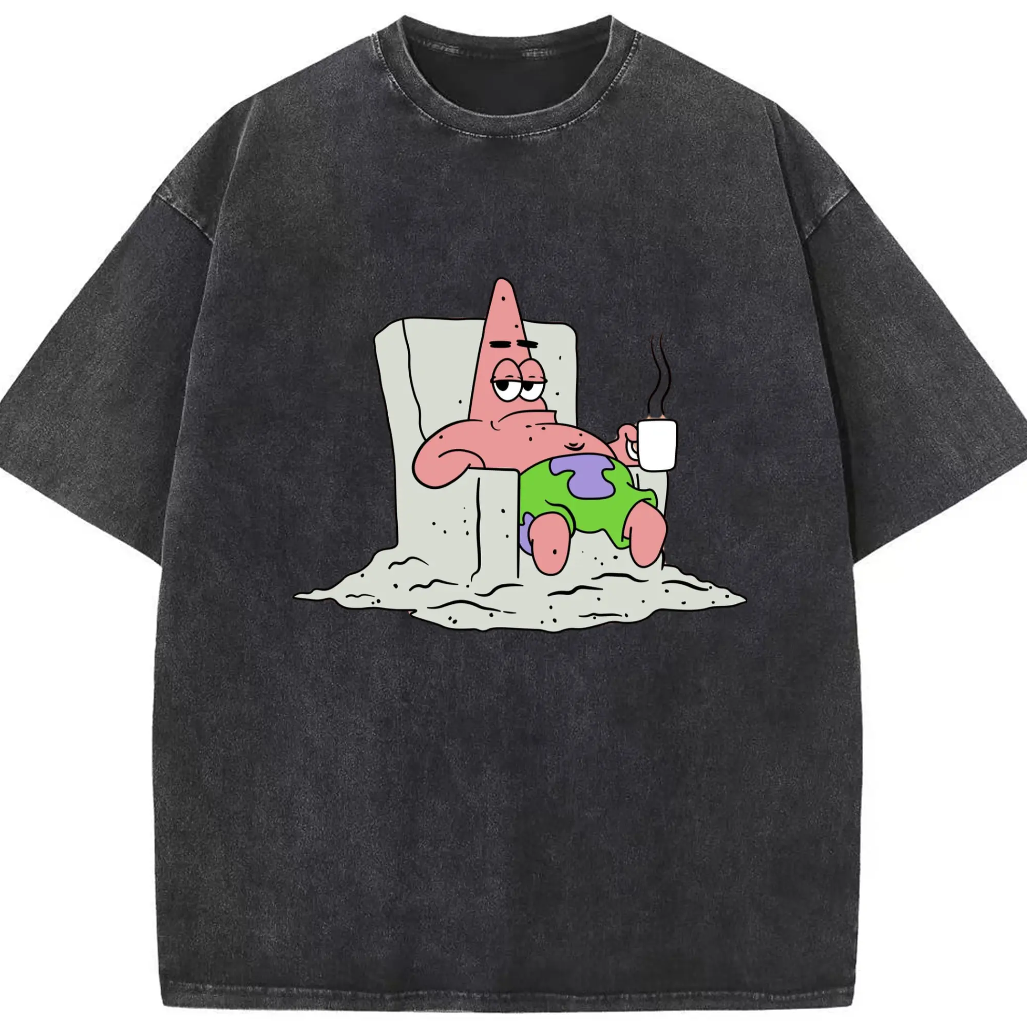 Mens  Patrick Star  Graphic T-Shirt - Washed Vintage Look 230g Cotton Oversized T-Shirt With Front Heat Transfer Print – Soft, Lightweight, Stylish Fit – Comfortable Casual Wear For Sports & Everyday Use