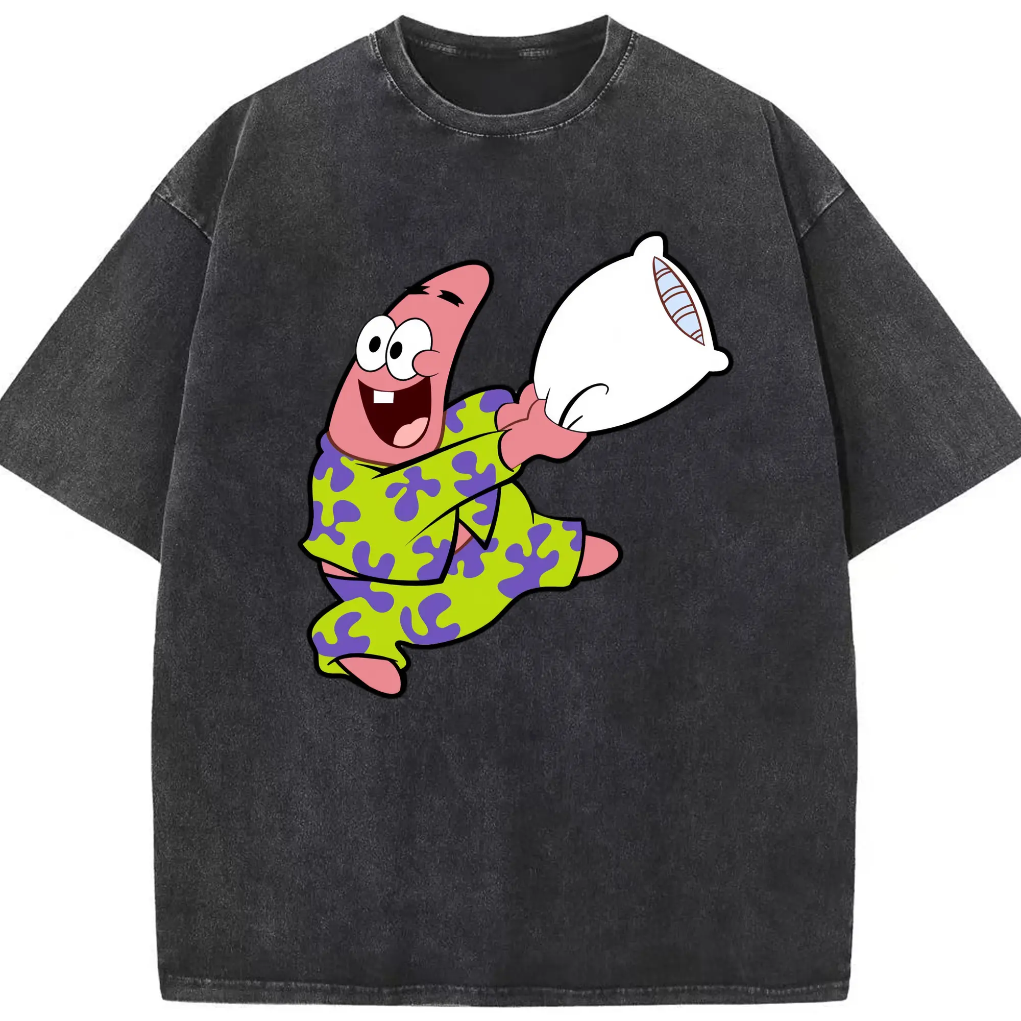 Spongebob Patrick Star Pillow Fight tee - Washed Vintage Look 230g Cotton Oversized T-Shirt With Front Heat Transfer Print – Soft, Lightweight, Stylish Fit – Comfortable Casual Wear For Sports & Everyday Use