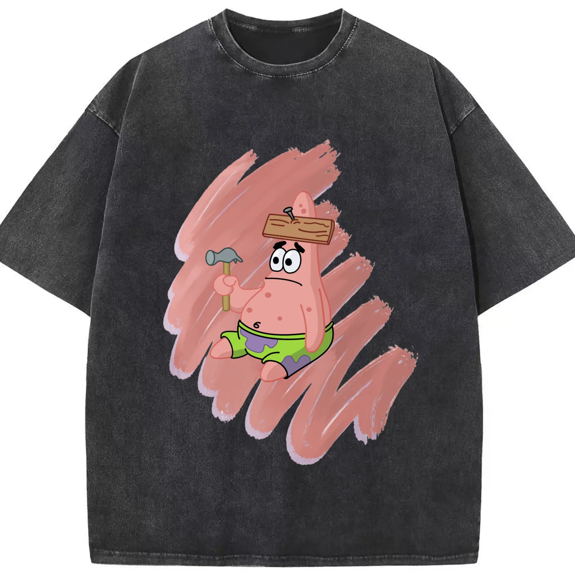 Patrick Star Graphic T-Shirt - Washed Vintage Look 230g Cotton Oversized T-Shirt With Front Heat Transfer Print – Soft, Lightweight, Stylish Fit – Comfortable Casual Wear For Sports & Everyday Use