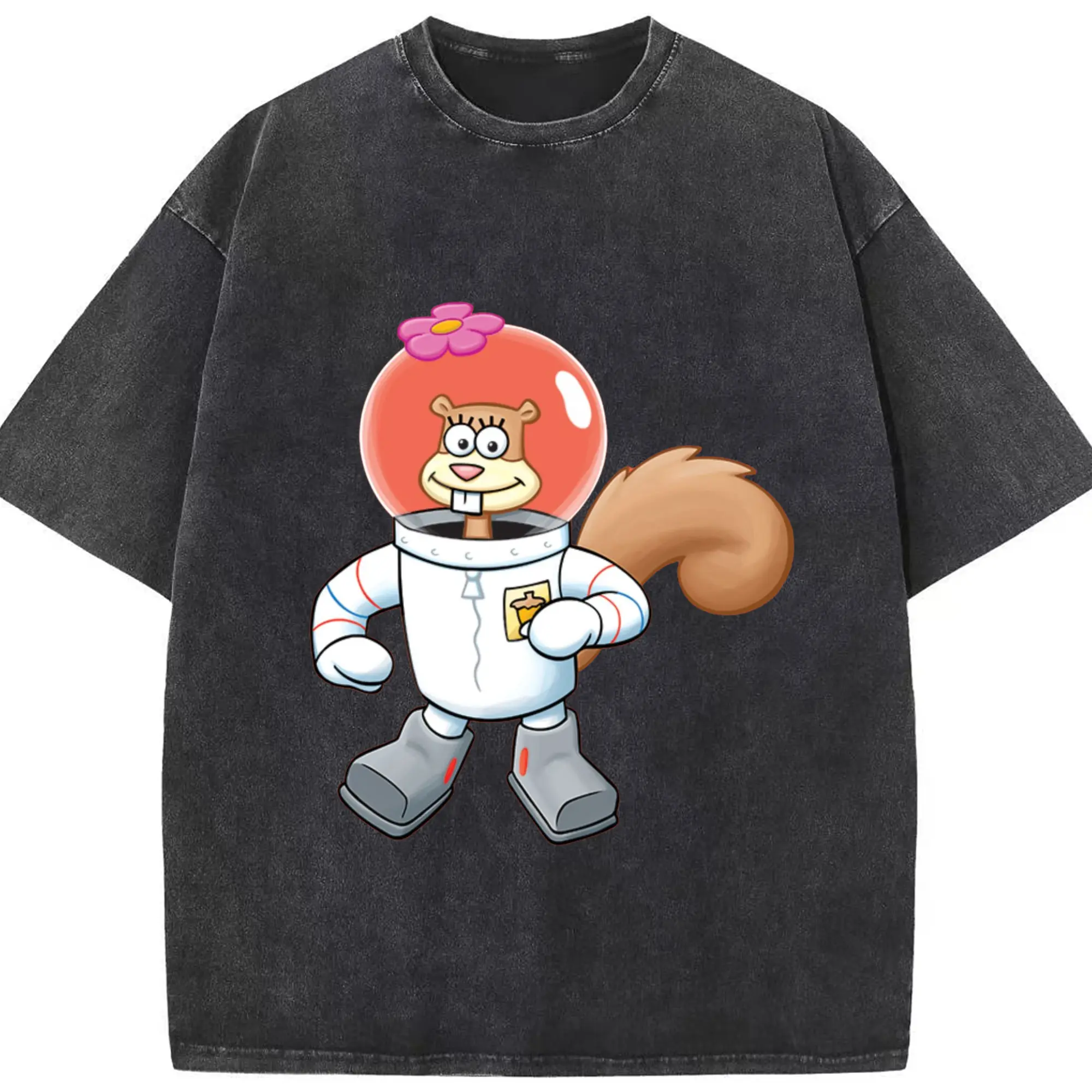 SpongeBob Sandy Cheeks cartoon t-shirt - Washed Vintage Look 230g Cotton Oversized T-Shirt With Front Heat Transfer Print – Soft, Lightweight, Stylish Fit – Comfortable Casual Wear For Sports & Everyday Use