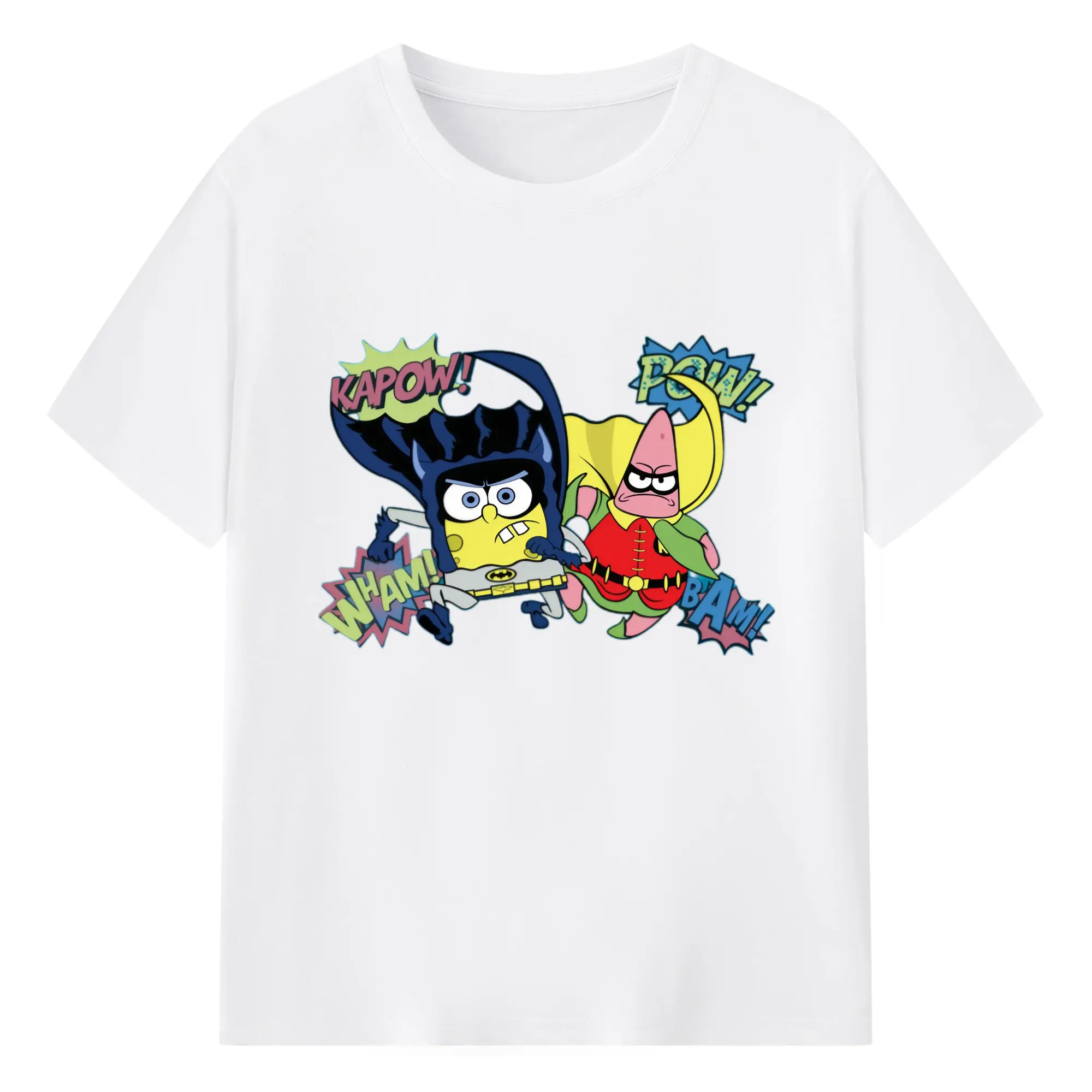 Spongebob squarepants and Patrick Star super hero t-shirt - 180g Cotton T-Shirt With Front Heat Transfer Print – Soft, Lightweight, Fitted Design – Comfortable Casual Wear For Sports & Everyday Use