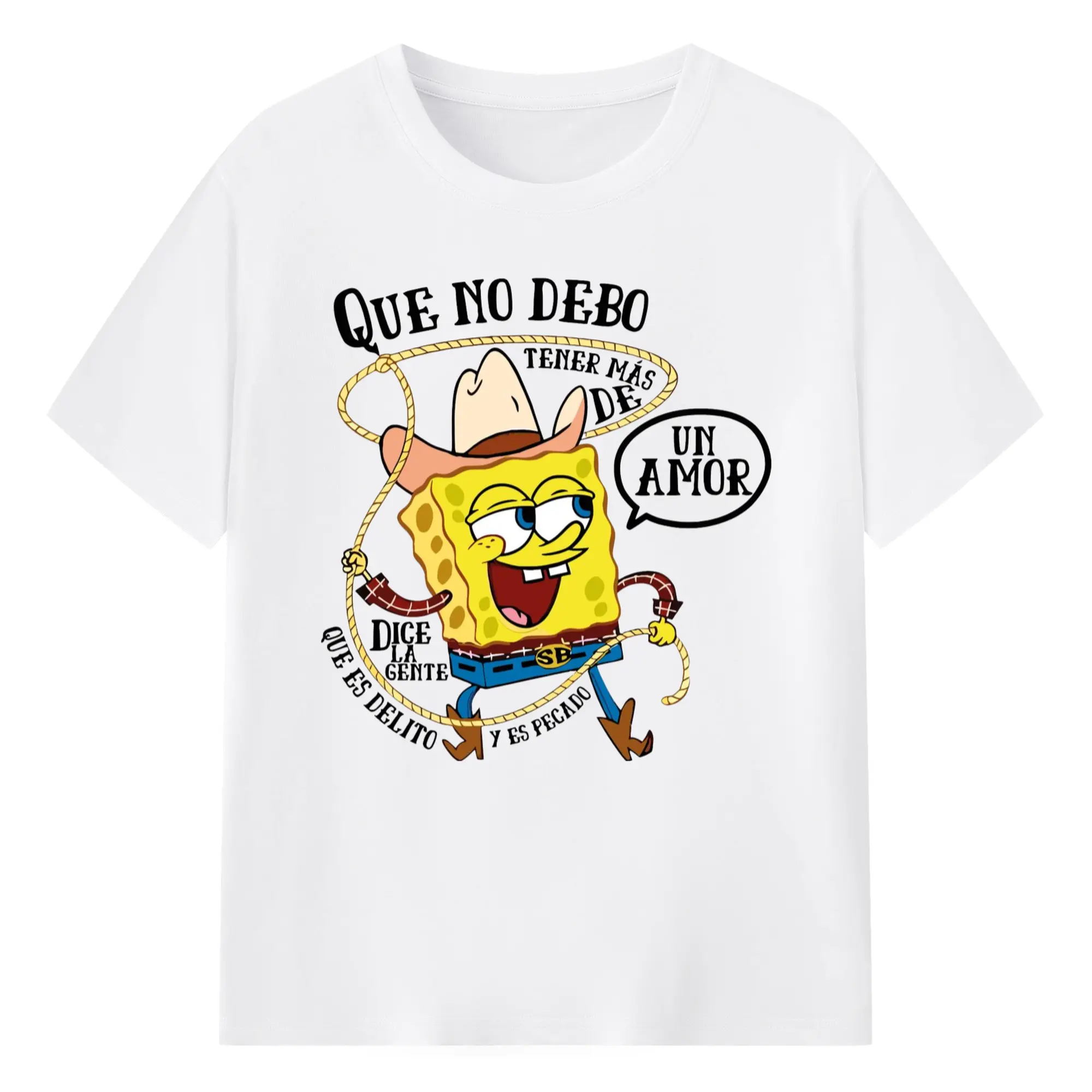Spongebob squarepants cowboy graphic  t-shirt - 180g Cotton T-Shirt With Front Heat Transfer Print – Soft, Lightweight, Fitted Design – Comfortable Casual Wear For Sports & Everyday Use