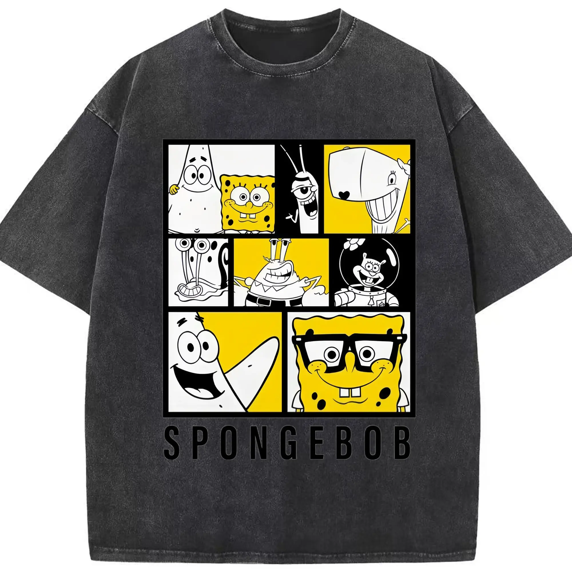 Spongebob squarepants and friends drink t-shirt - Washed Vintage Look 230g Cotton Oversized T-Shirt With Front Heat Transfer Print – Soft, Lightweight, Stylish Fit – Comfortable Casual Wear For Sports & Everyday Use