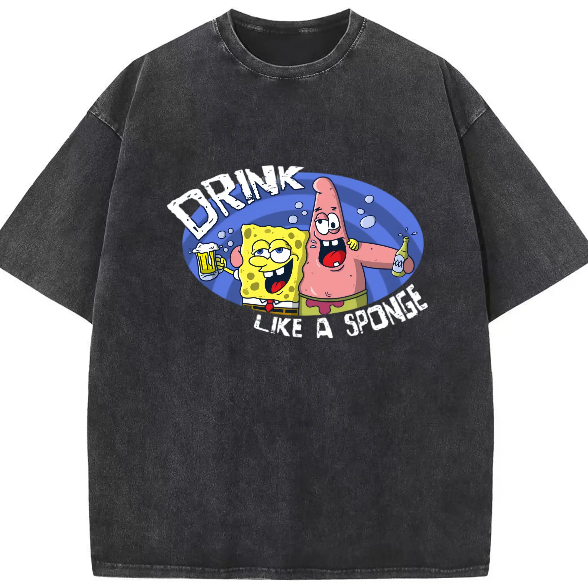 Spongebob squarepants and Patrick Star drink t-shirt - Washed Vintage Look 230g Cotton Oversized T-Shirt With Front Heat Transfer Print – Soft, Lightweight, Stylish Fit – Comfortable Casual Wear For Sports & Everyday Use