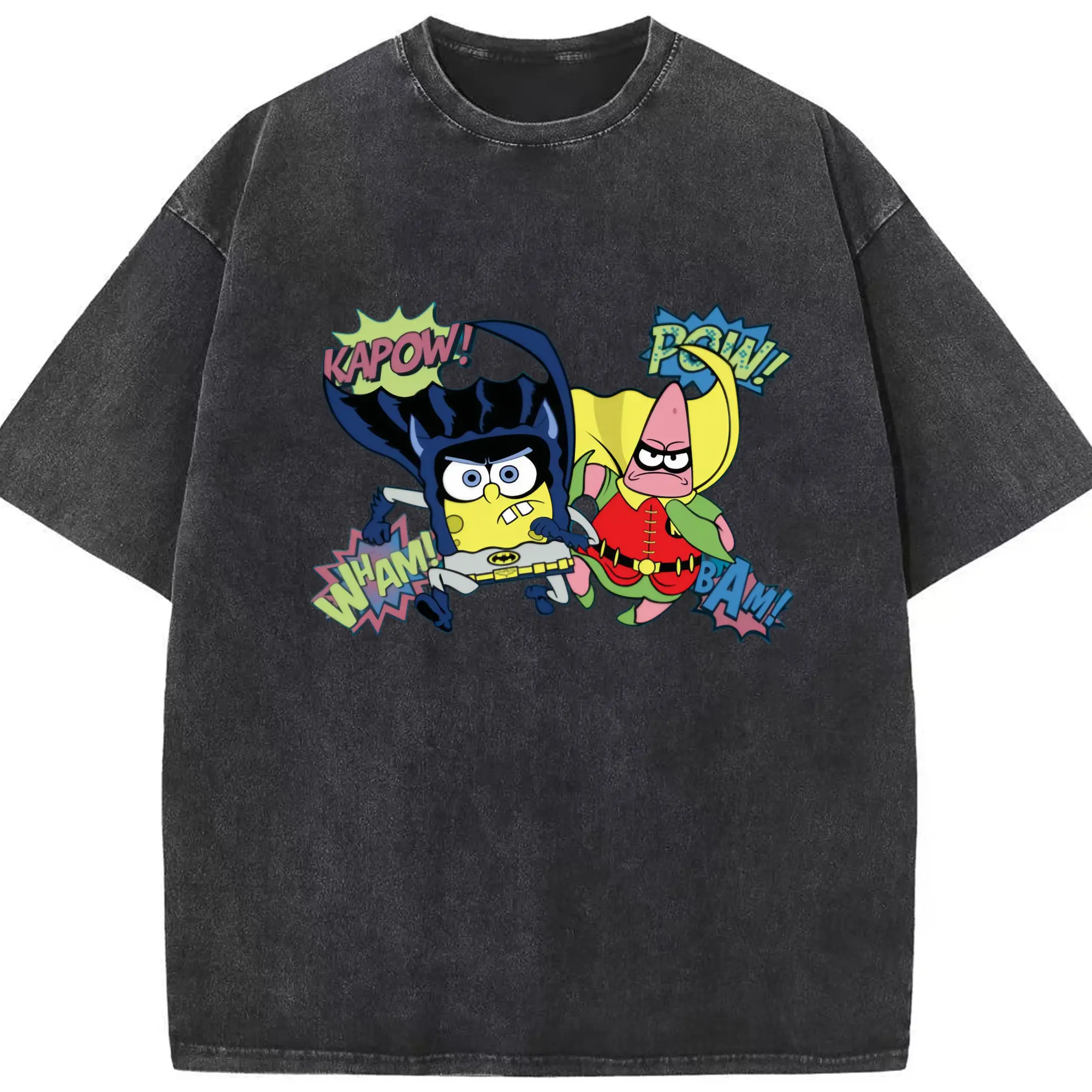 Spongebob squarepants and Patrick Star super hero t-shirt - Washed Vintage Look 230g Cotton Oversized T-Shirt With Front Heat Transfer Print – Soft, Lightweight, Stylish Fit – Comfortable Casual Wear For Sports & Everyday Use