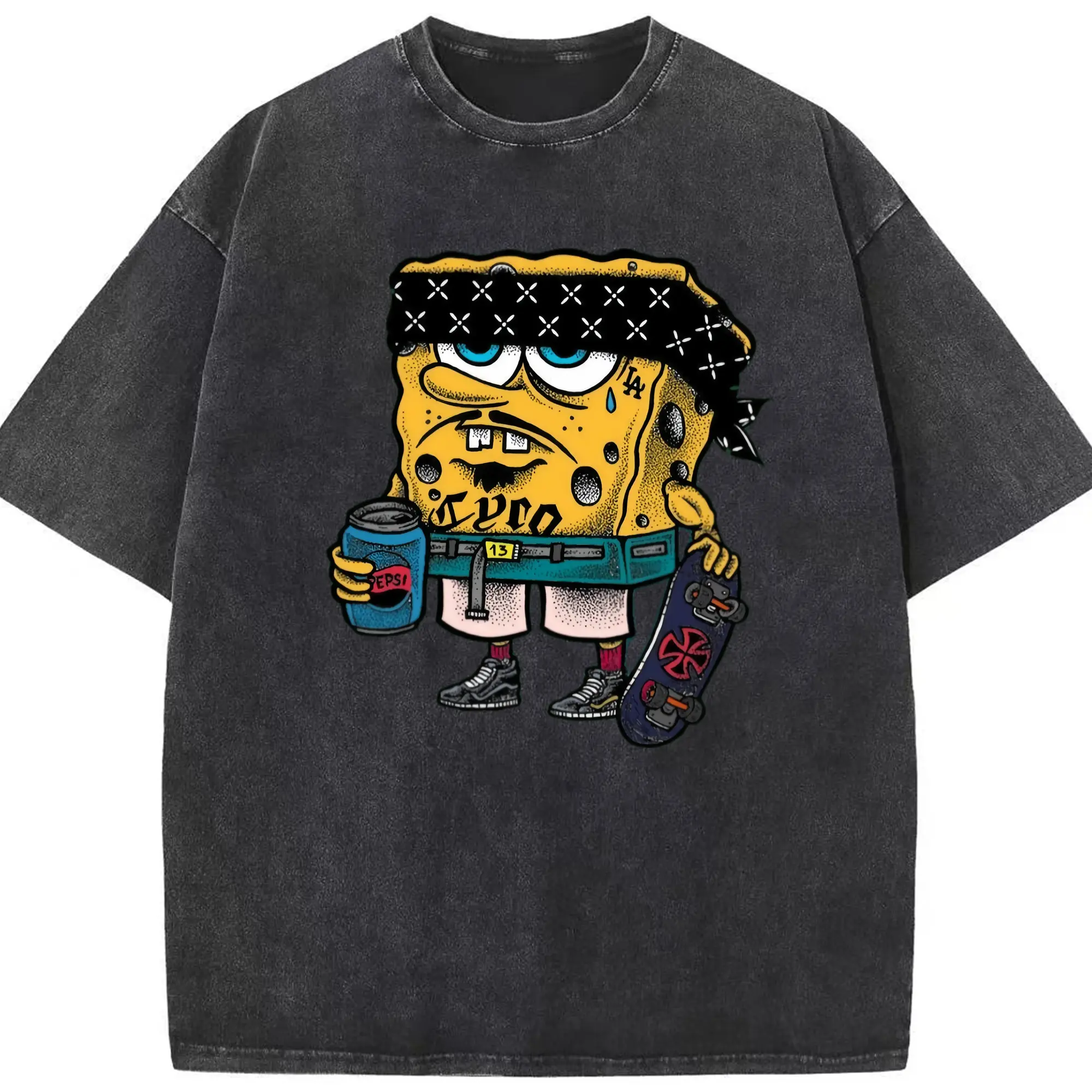 Spongebob squarepants mafia graphic  t-shirt - Washed Vintage Look 230g Cotton Oversized T-Shirt With Front Heat Transfer Print – Soft, Lightweight, Stylish Fit – Comfortable Casual Wear For Sports & Everyday Use