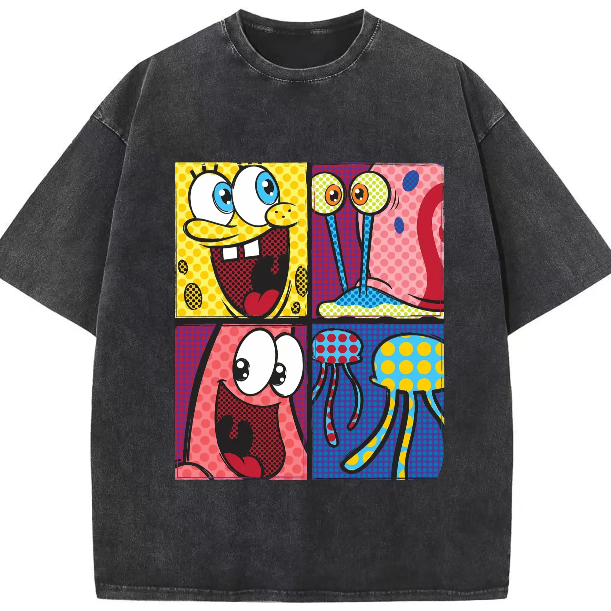 Spongebob squarepants and Patrick Star,Gary the Snail Graphic t-shirt - Washed Vintage Look 230g Cotton Oversized T-Shirt With Front Heat Transfer Print – Soft, Lightweight, Stylish Fit – Comfortable Casual Wear For Sports & Everyday Use
