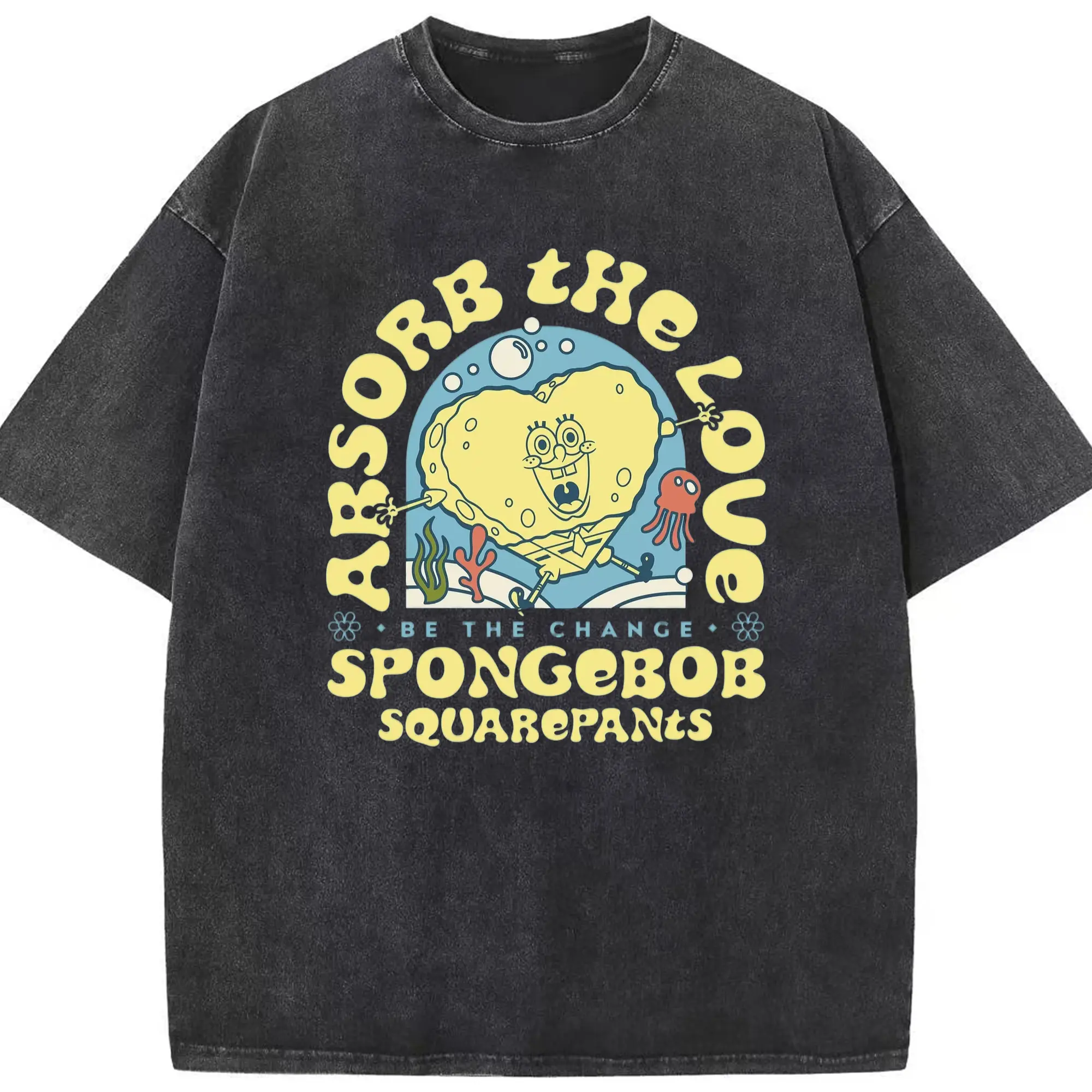 Spongebob squarepants art t shirt - Washed Vintage Look 230g Cotton Oversized T-Shirt With Front Heat Transfer Print – Soft, Lightweight, Stylish Fit – Comfortable Casual Wear For Sports & Everyday Use