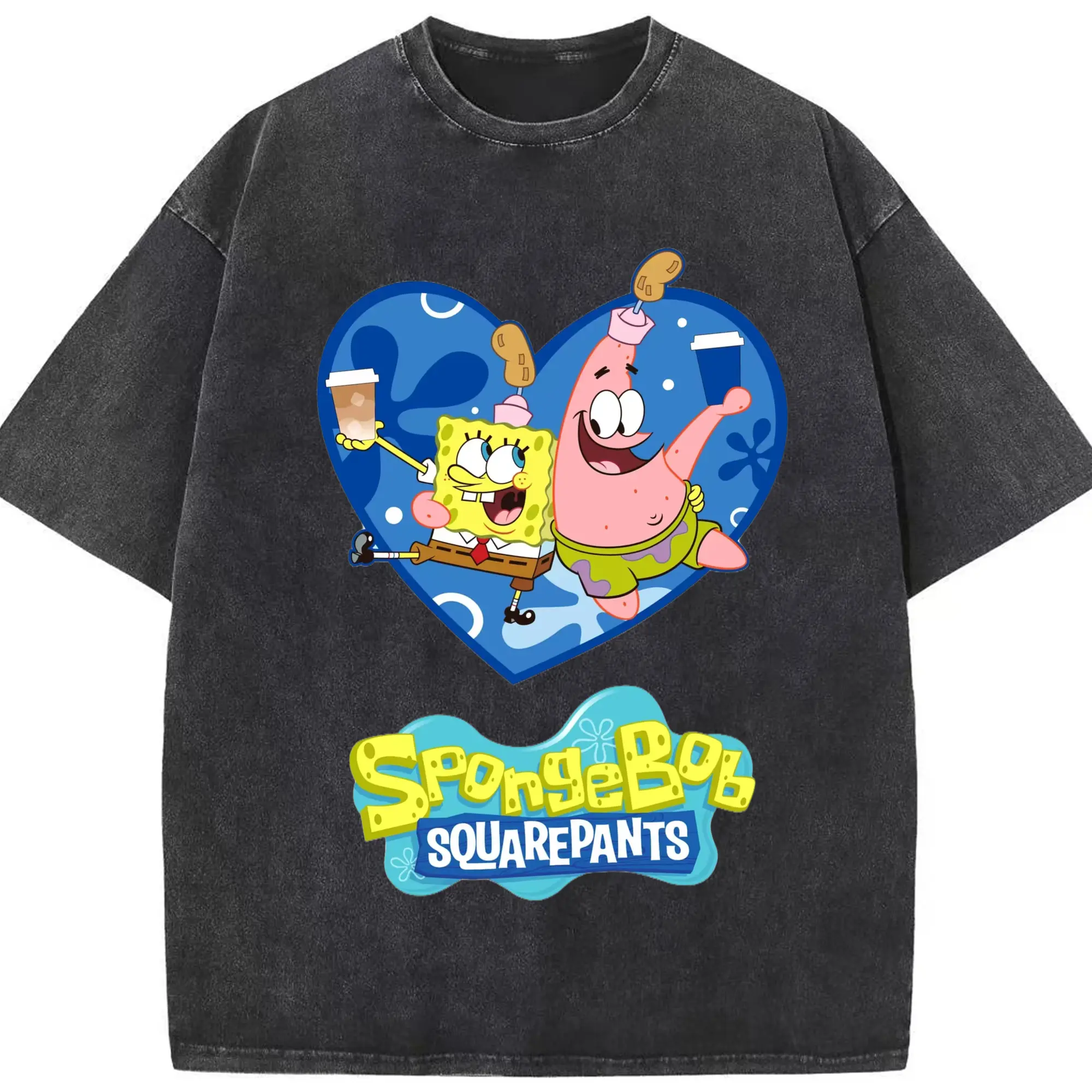 Spongebob squarepants and Patrick Star tee - Washed Vintage Look 230g Cotton Oversized T-Shirt With Front Heat Transfer Print – Soft, Lightweight, Stylish Fit – Comfortable Casual Wear For Sports & Everyday Use