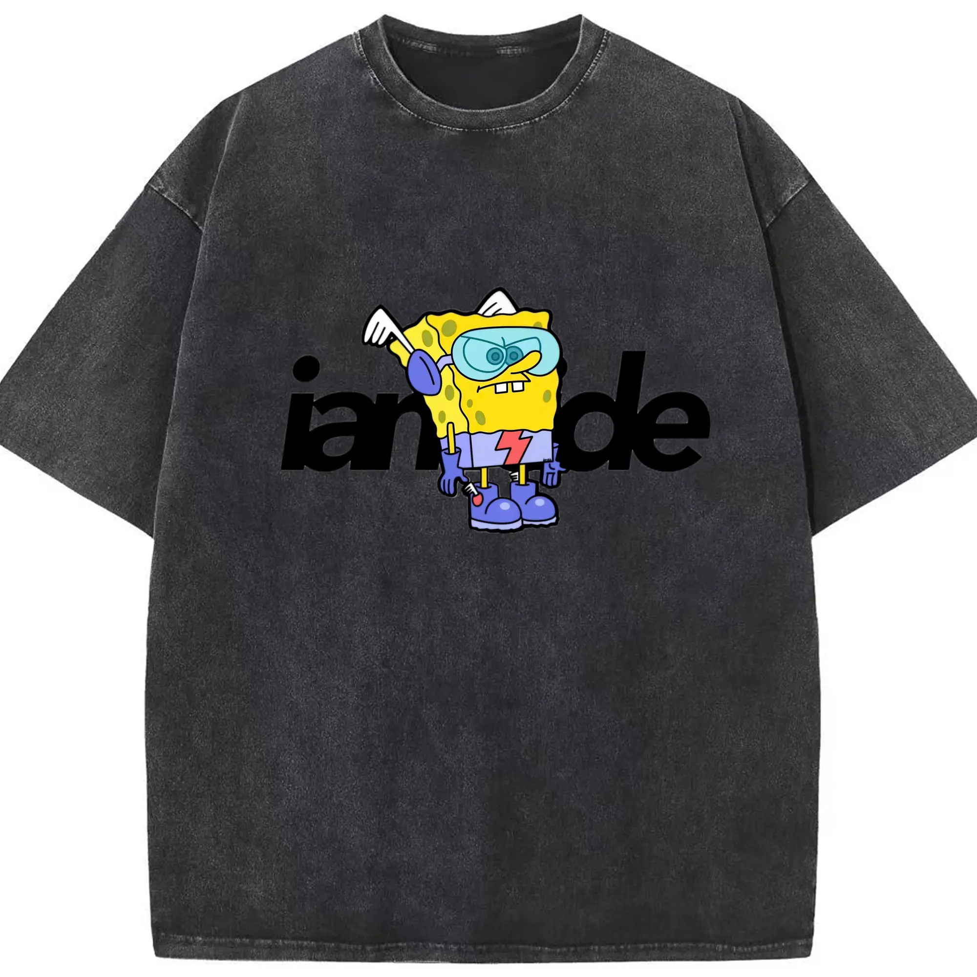 Spongebob squarepants flash tee - Washed Vintage Look 230g Cotton Oversized T-Shirt With Front Heat Transfer Print – Soft, Lightweight, Stylish Fit – Comfortable Casual Wear For Sports & Everyday Use
