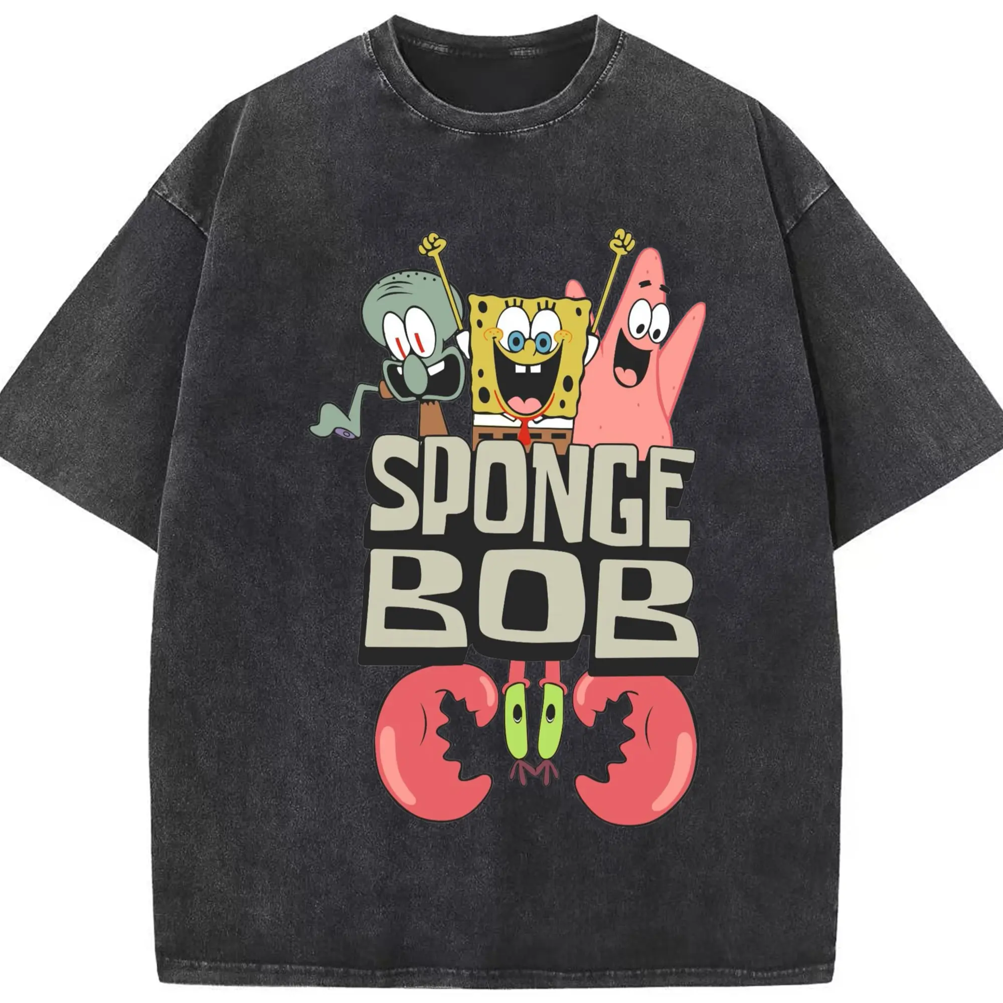 Man spongebob squarepants  t-shirt - Washed Vintage Look 230g Cotton Oversized T-Shirt With Front Heat Transfer Print – Soft, Lightweight, Stylish Fit – Comfortable Casual Wear For Sports & Everyday Use