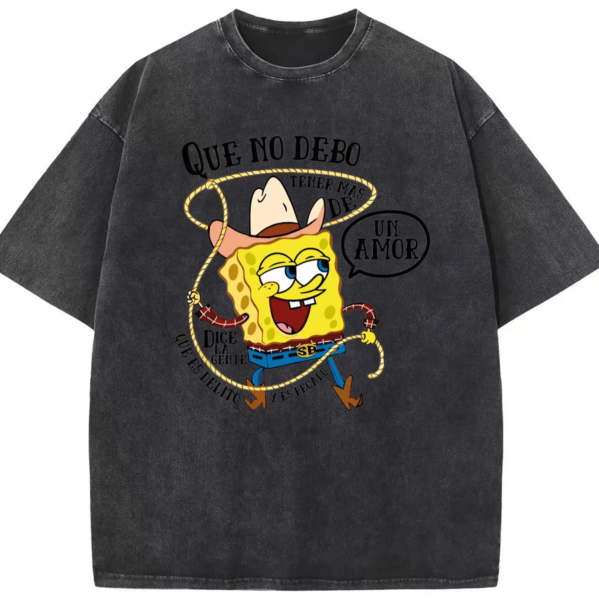 Spongebob squarepants cowboy graphic  t-shirt - Washed Vintage Look 230g Cotton Oversized T-Shirt With Front Heat Transfer Print – Soft, Lightweight, Stylish Fit – Comfortable Casual Wear For Sports & Everyday Use