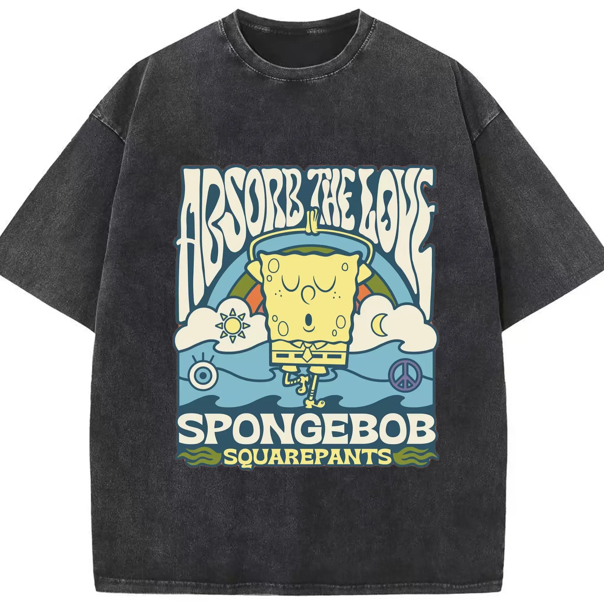 Spongebob squarepants Retro art tee - Washed Vintage Look 230g Cotton Oversized T-Shirt With Front Heat Transfer Print – Soft, Lightweight, Stylish Fit – Comfortable Casual Wear For Sports & Everyday Use