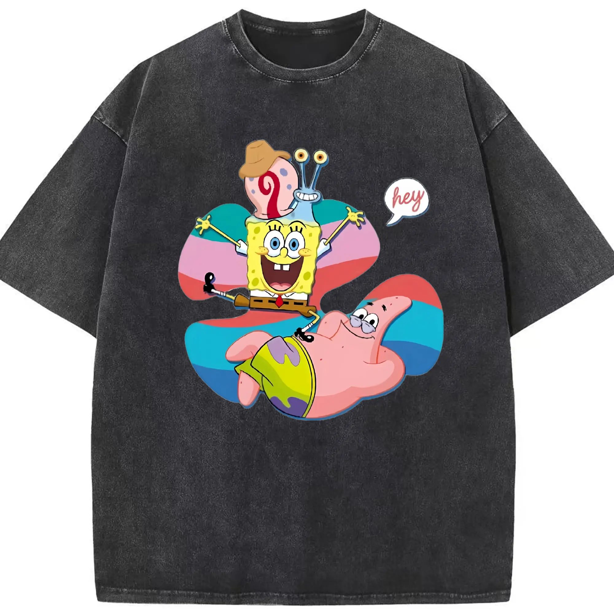 Spongebob squarepants and Patrick Star,Gary the Snail t-shirt - Washed Vintage Look 230g Cotton Oversized T-Shirt With Front Heat Transfer Print – Soft, Lightweight, Stylish Fit – Comfortable Casual Wear For Sports & Everyday Use