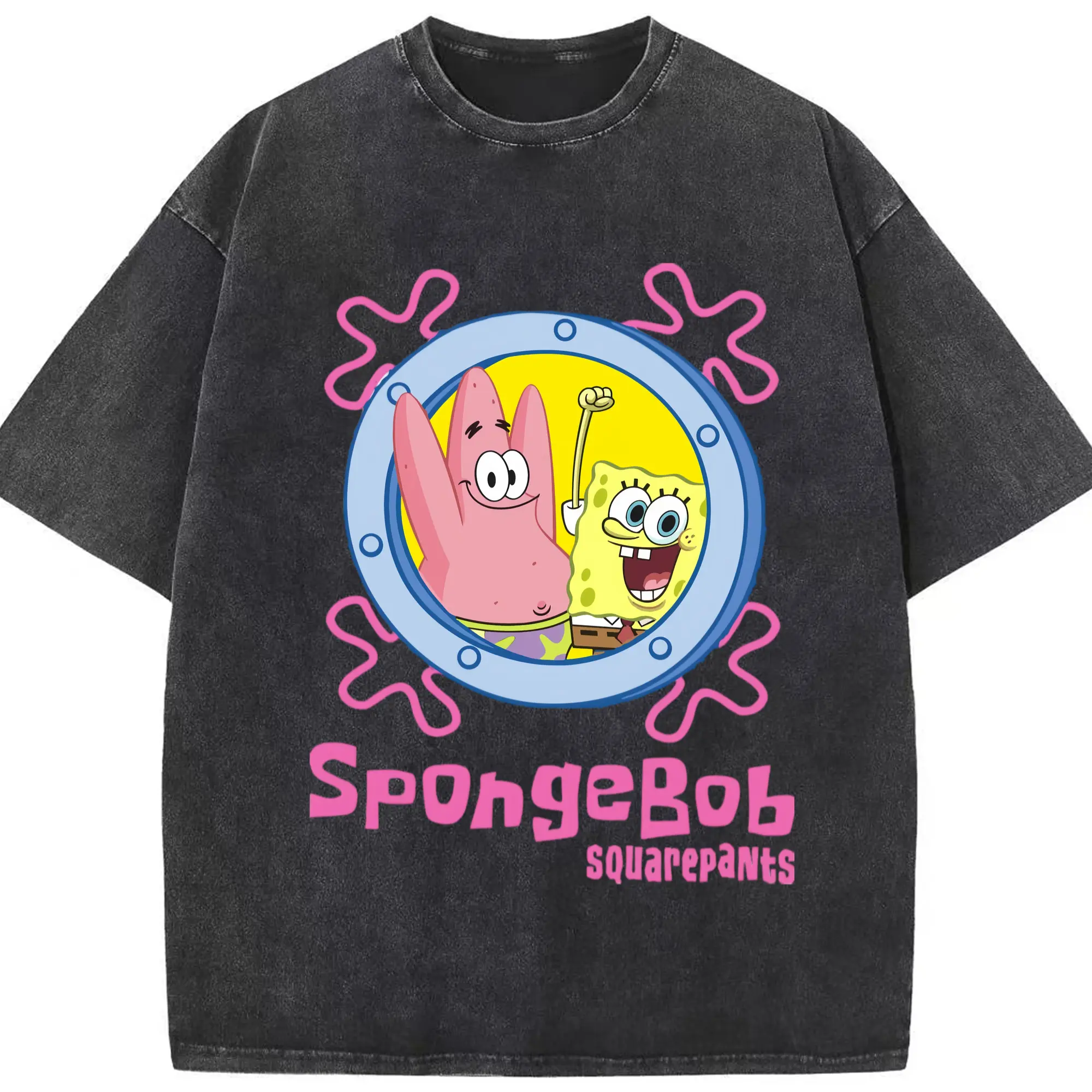Spongebob squarepants and Patrick Star t-shirt - Washed Vintage Look 230g Cotton Oversized T-Shirt With Front Heat Transfer Print – Soft, Lightweight, Stylish Fit – Comfortable Casual Wear For Sports & Everyday Use