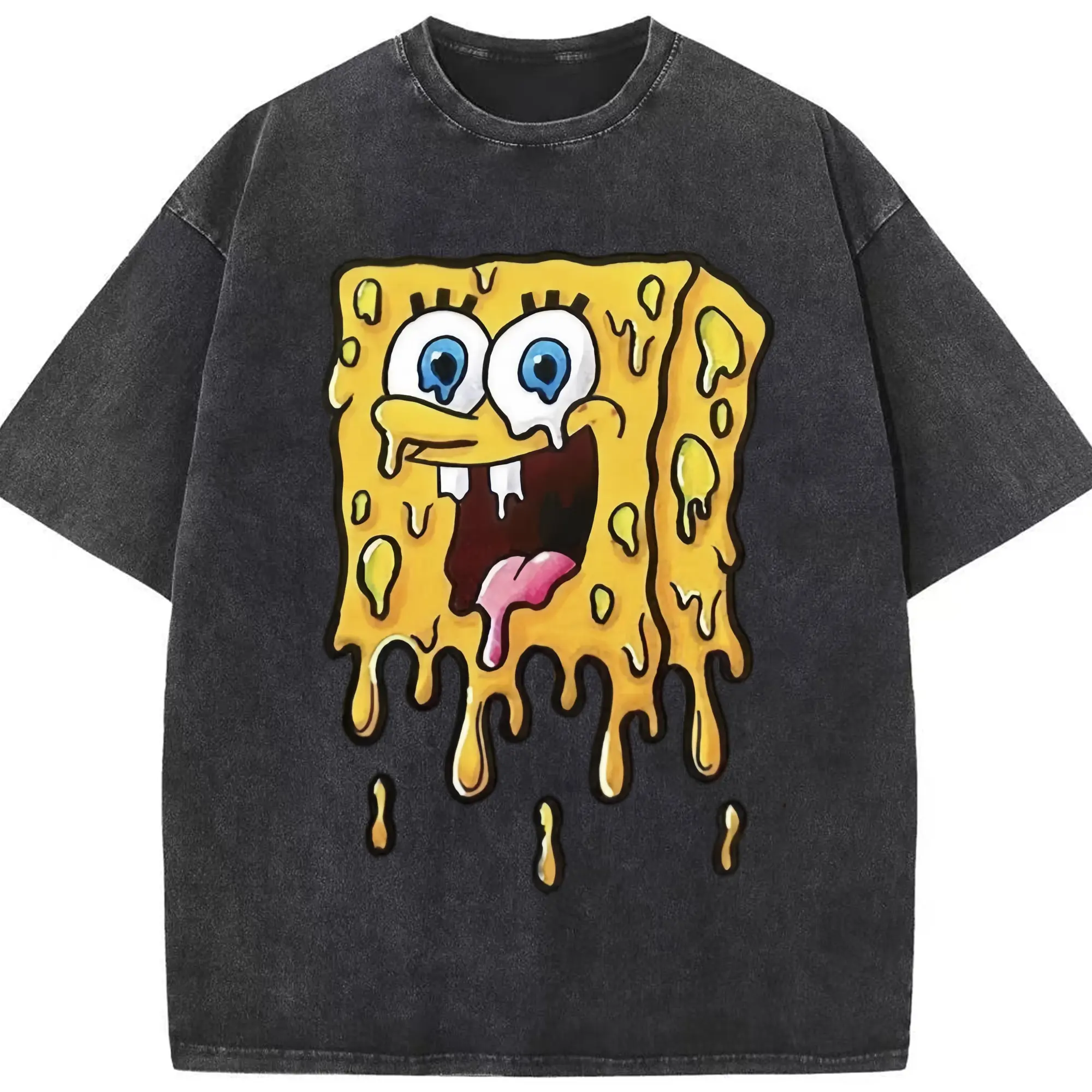 Spongebob squarepants dissolve the pattern t-shirt - Washed Vintage Look 230g Cotton Oversized T-Shirt With Front Heat Transfer Print – Soft, Lightweight, Stylish Fit – Comfortable Casual Wear For Sports & Everyday Use