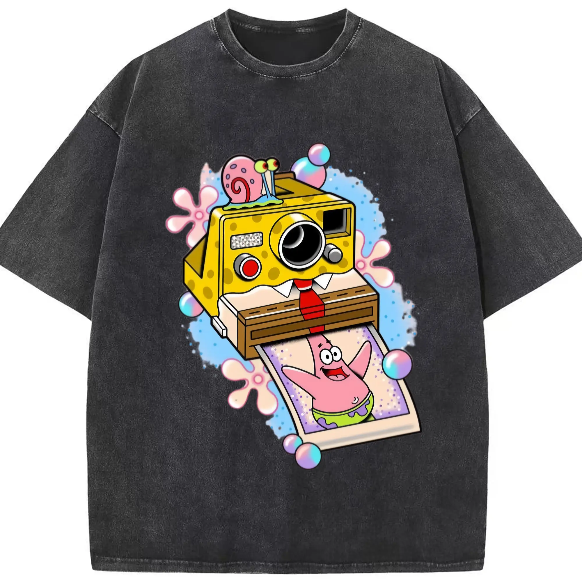 Spongebob squarepants and Patrick Star photo t-shirt - Washed Vintage Look 230g Cotton Oversized T-Shirt With Front Heat Transfer Print – Soft, Lightweight, Stylish Fit – Comfortable Casual Wear For Sports & Everyday Use