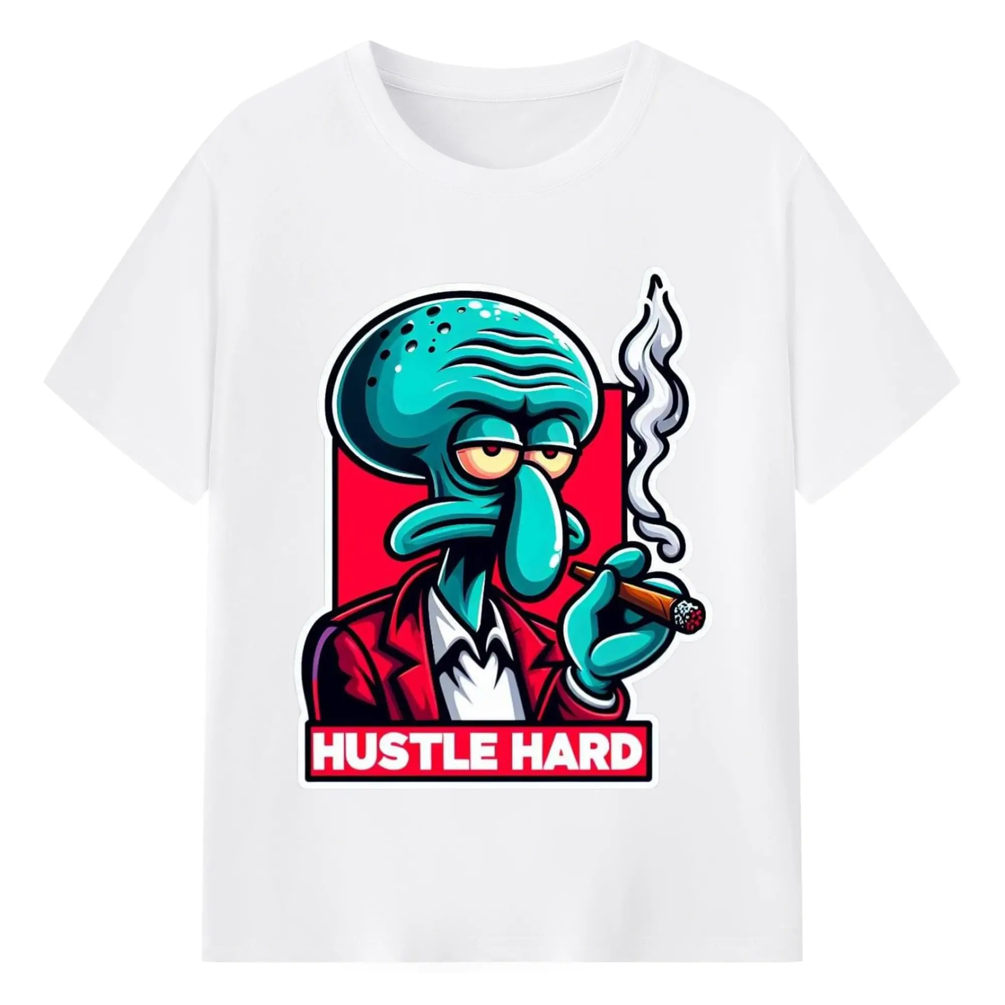 Spongebob Squidward hustle hard t-shirt - 180g Cotton T-Shirt With Front Heat Transfer Print – Soft, Lightweight, Fitted Design – Comfortable Casual Wear For Sports & Everyday Use