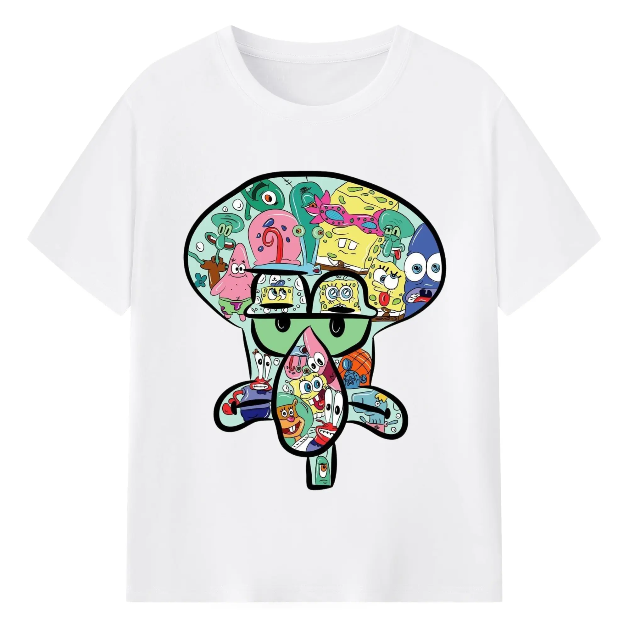 Spongebob Squidward collage t-shirt - 180g Cotton T-Shirt With Front Heat Transfer Print – Soft, Lightweight, Fitted Design – Comfortable Casual Wear For Sports & Everyday Use