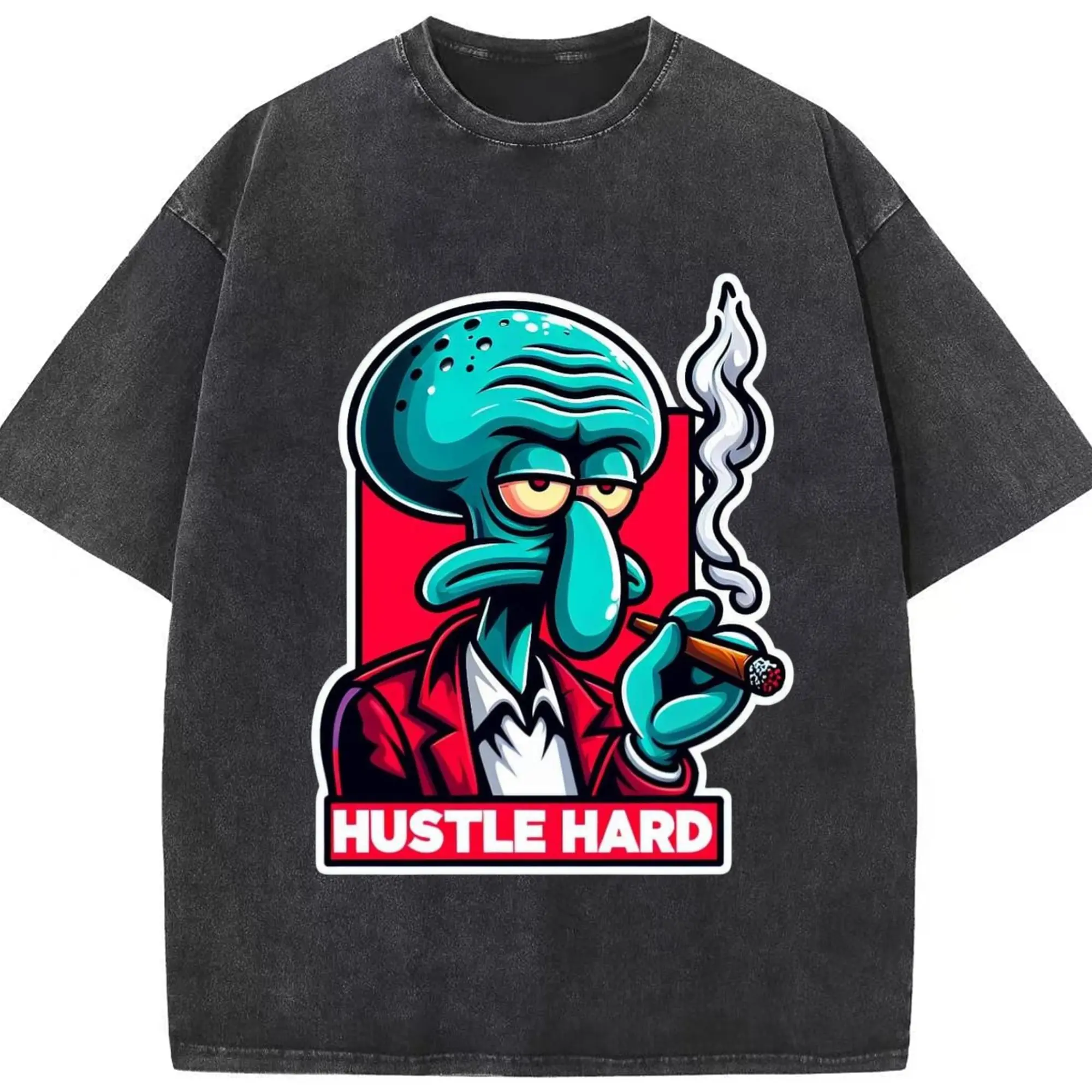 Spongebob Squidward hustle hard t-shirt - Washed Vintage Look 230g Cotton Oversized T-Shirt With Front Heat Transfer Print – Soft, Lightweight, Stylish Fit – Comfortable Casual Wear For Sports & Everyday Use