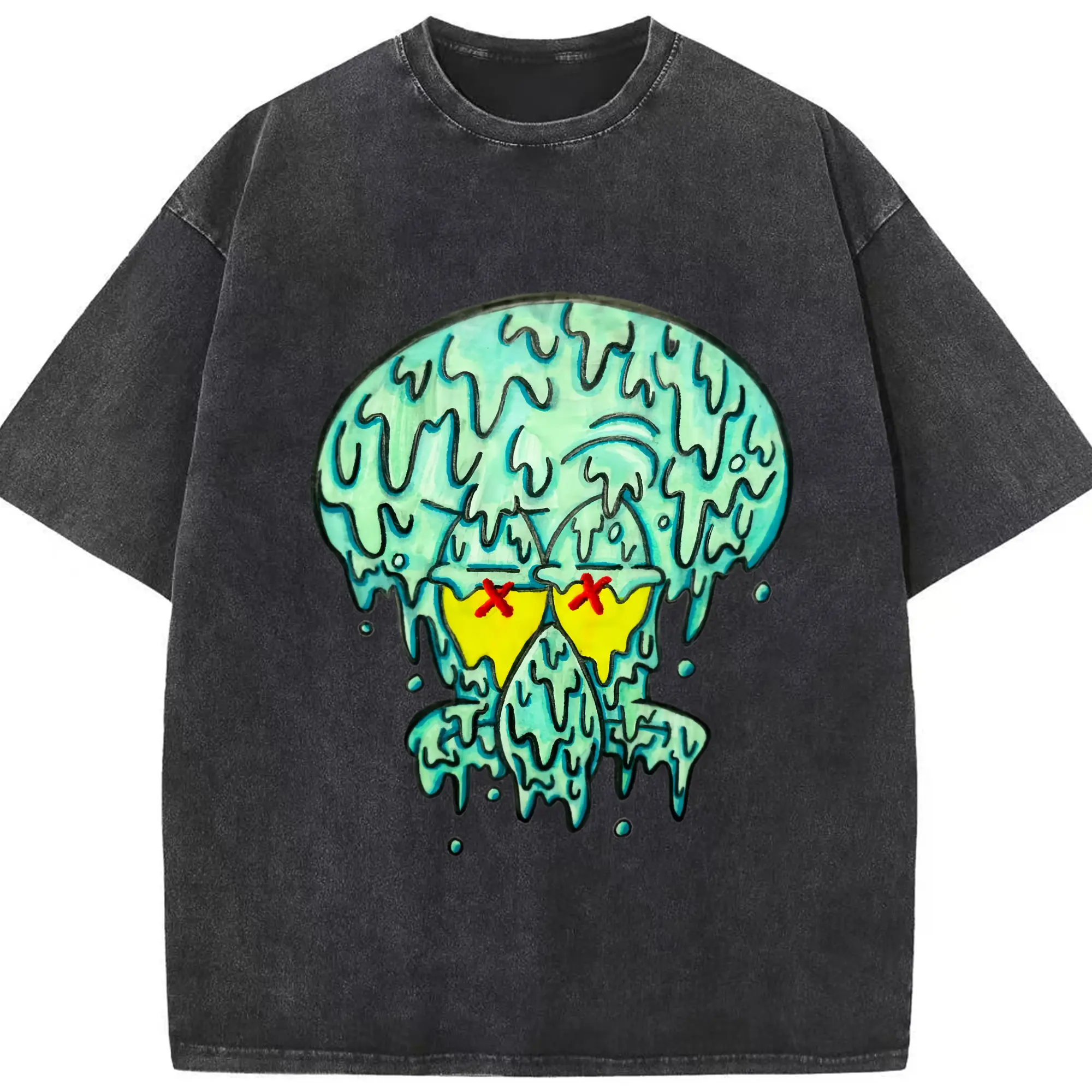 Spongebob Squidward dissolve the pattern t-shirt - Washed Vintage Look 230g Cotton Oversized T-Shirt With Front Heat Transfer Print – Soft, Lightweight, Stylish Fit – Comfortable Casual Wear For Sports & Everyday Use