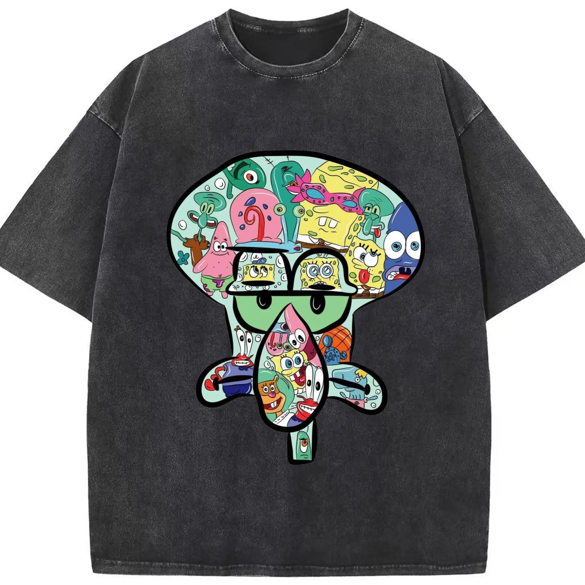 Spongebob Squidward collage t-shirt - Washed Vintage Look 230g Cotton Oversized T-Shirt With Front Heat Transfer Print – Soft, Lightweight, Stylish Fit – Comfortable Casual Wear For Sports & Everyday Use