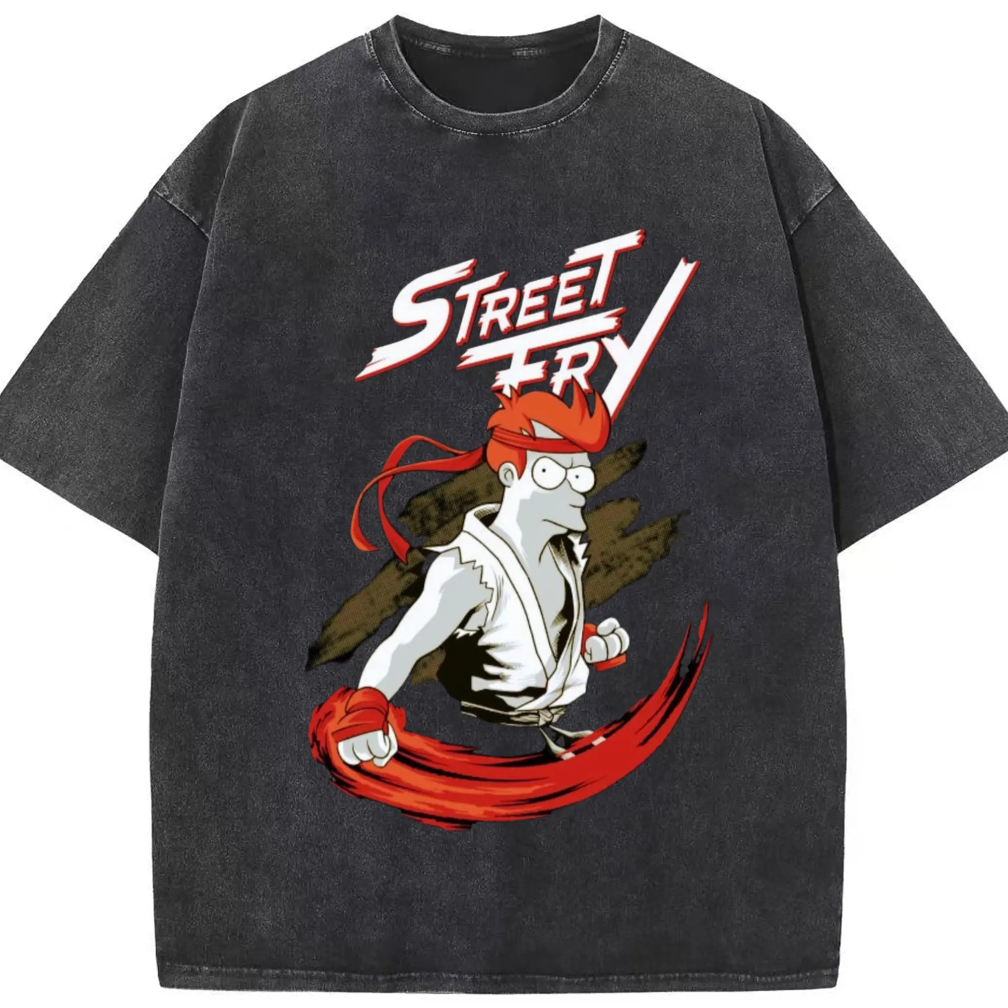 Philip j. fry street fight graphic tee - Washed Vintage Look 230g Cotton Oversized T-Shirt With Front Heat Transfer Print – Soft, Lightweight, Stylish Fit – Comfortable Casual Wear For Sports & Everyday Use