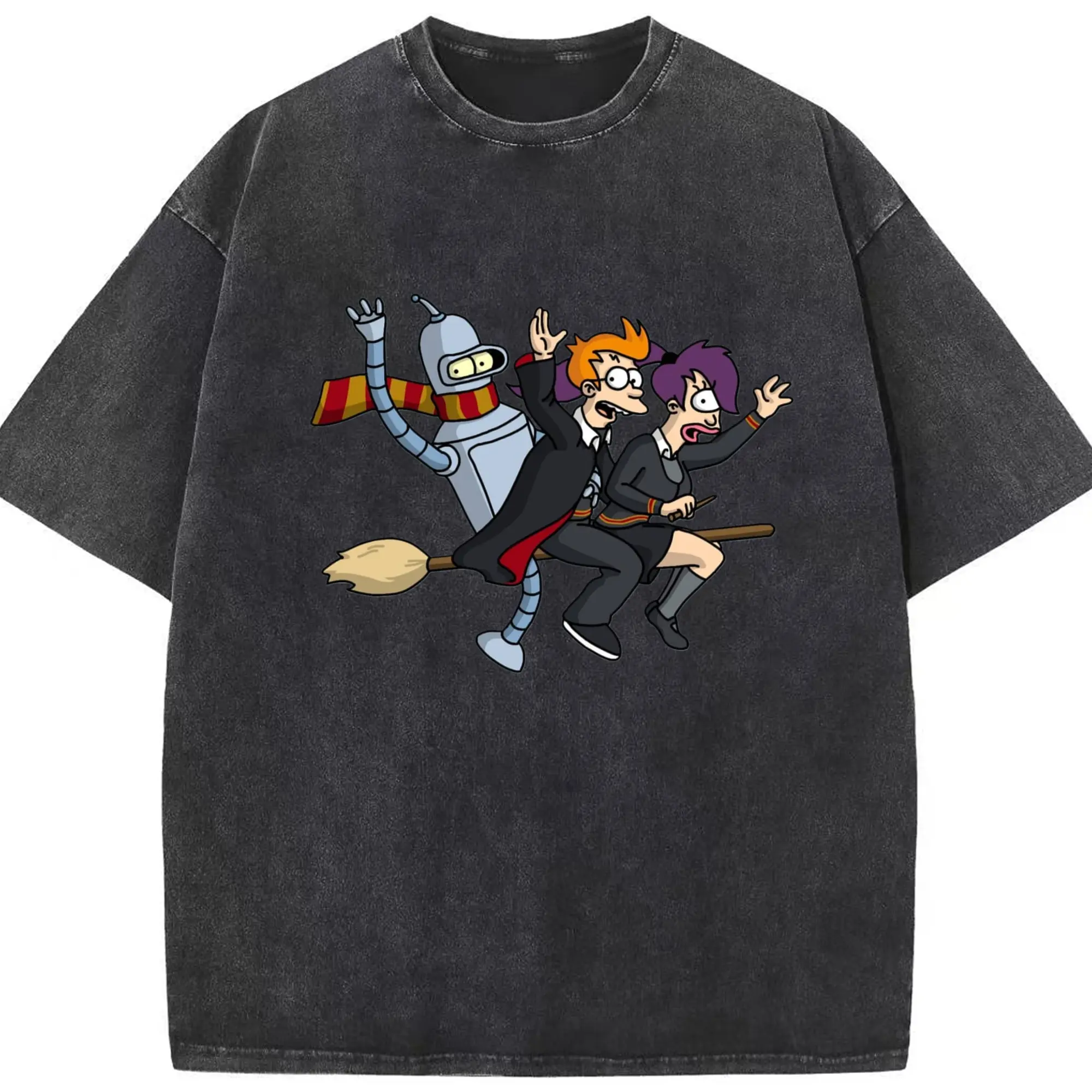 Futurama Leela and his friend T-Shirt - Washed Vintage Look 230g Cotton Oversized T-Shirt With Front Heat Transfer Print – Soft, Lightweight, Stylish Fit – Comfortable Casual Wear For Sports & Everyday Use