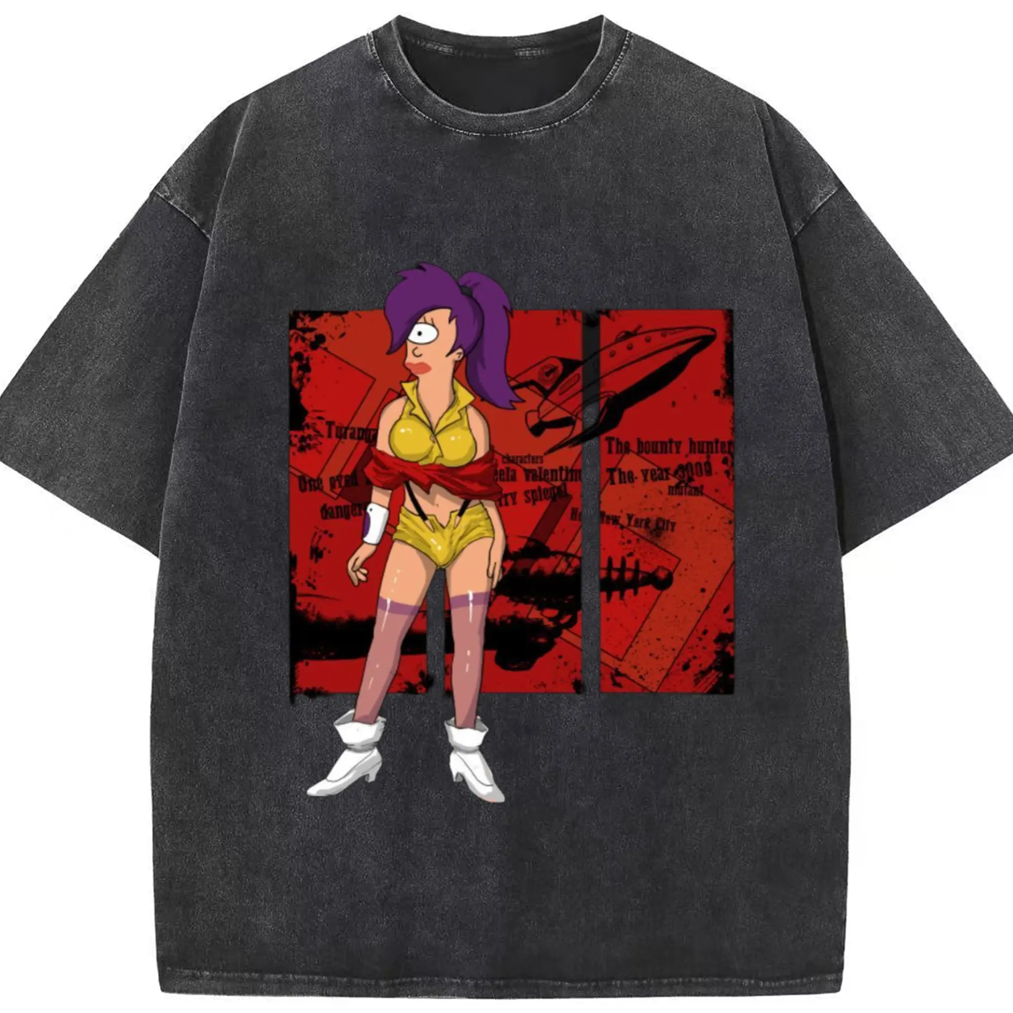 Futurama Leela T-Shirt - Washed Vintage Look 230g Cotton Oversized T-Shirt With Front Heat Transfer Print – Soft, Lightweight, Stylish Fit – Comfortable Casual Wear For Sports & Everyday Use