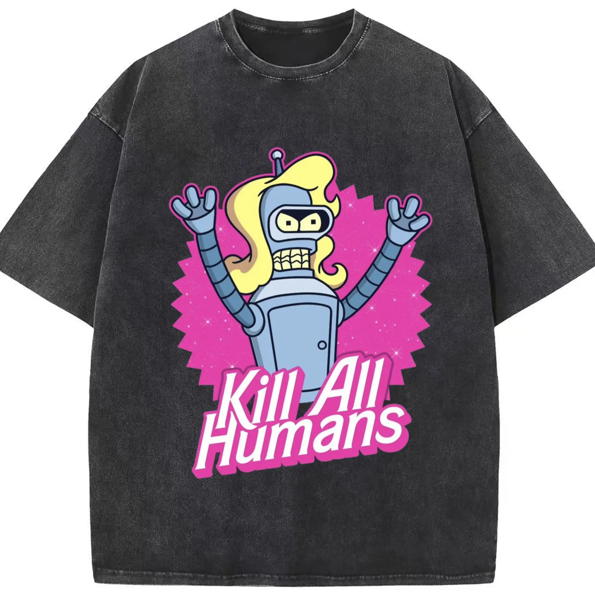 Futurama Bender Bending Rodriguez Funny Cartoon t-shirt - Washed Vintage Look 230g Cotton Oversized T-Shirt With Front Heat Transfer Print – Soft, Lightweight, Stylish Fit – Comfortable Casual Wear For Sports & Everyday Use