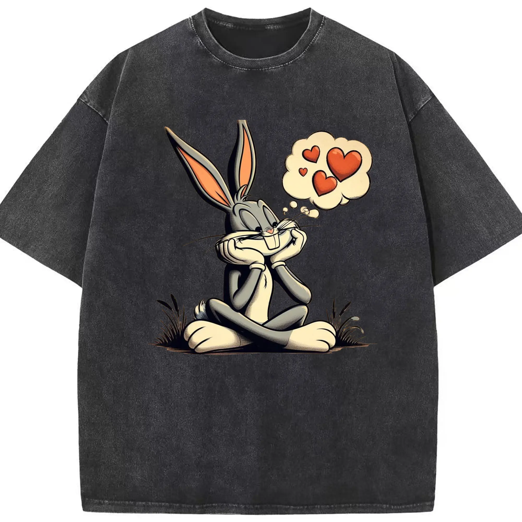 Bugs bunny loving t shirt​ - Washed Vintage Look 230g Cotton Oversized T-Shirt With Front Heat Transfer Print – Soft, Lightweight, Stylish Fit – Comfortable Casual Wear For Sports & Everyday Use