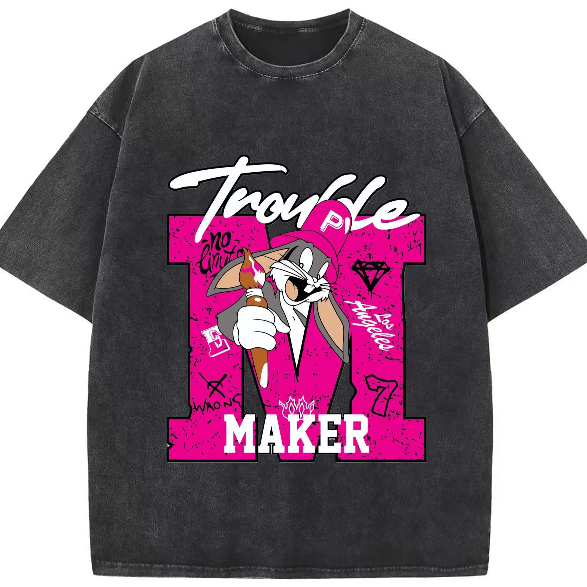 Bugs bunny maker graphic shirt​ - Washed Vintage Look 230g Cotton Oversized T-Shirt With Front Heat Transfer Print – Soft, Lightweight, Stylish Fit – Comfortable Casual Wear For Sports & Everyday Use