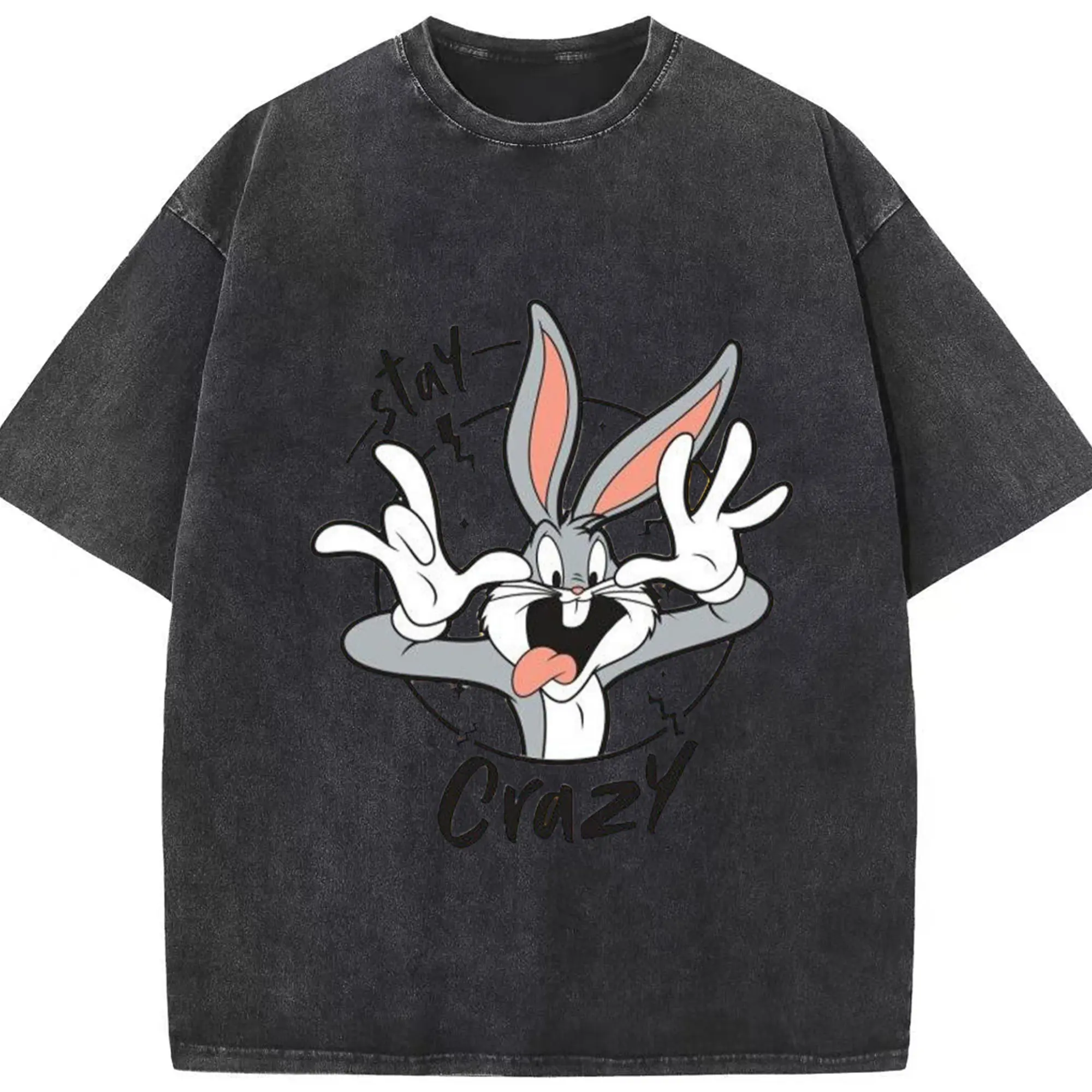 Bugs bunny stay crazy face shirt - Washed Vintage Look 230g Cotton Oversized T-Shirt With Front Heat Transfer Print – Soft, Lightweight, Stylish Fit – Comfortable Casual Wear For Sports & Everyday Use