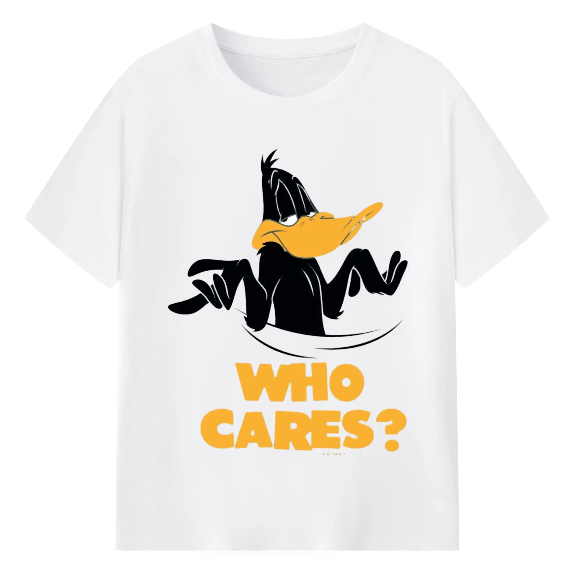 Daffy Duck  who cares t-shirt - 180g Cotton T-Shirt With Front Heat Transfer Print – Soft, Lightweight, Fitted Design – Comfortable Casual Wear For Sports & Everyday Use