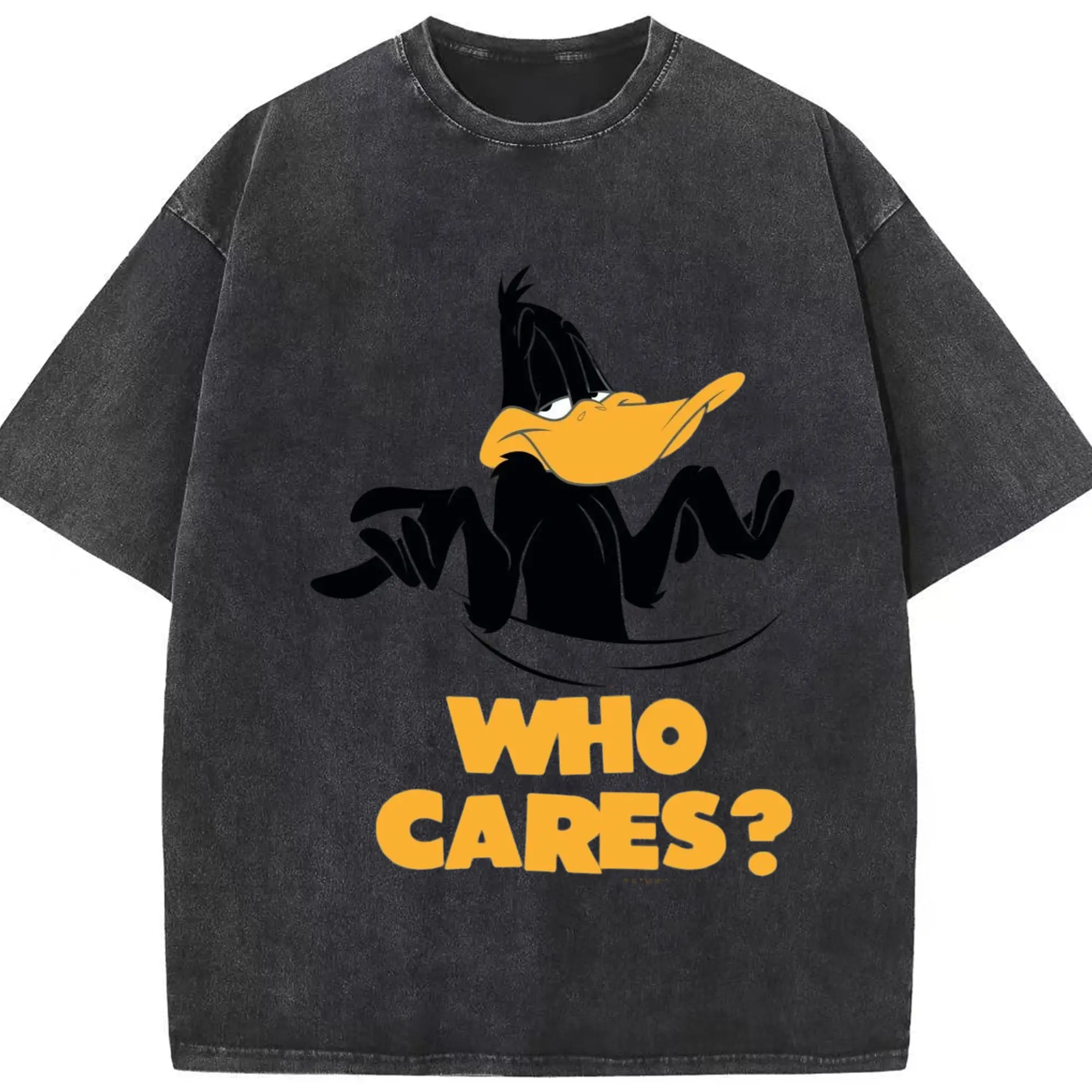 Daffy Duck  who cares t-shirt - Washed Vintage Look 230g Cotton Oversized T-Shirt With Front Heat Transfer Print – Soft, Lightweight, Stylish Fit – Comfortable Casual Wear For Sports & Everyday Use