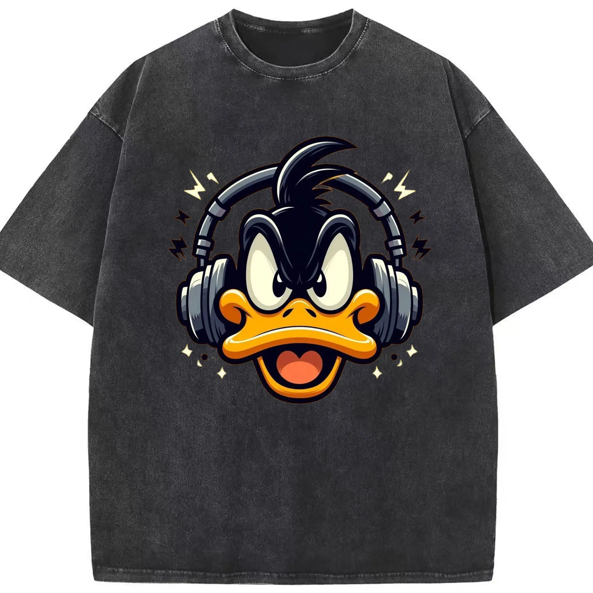 Daffy Duck face t-shirt - Washed Vintage Look 230g Cotton Oversized T-Shirt With Front Heat Transfer Print – Soft, Lightweight, Stylish Fit – Comfortable Casual Wear For Sports & Everyday Use