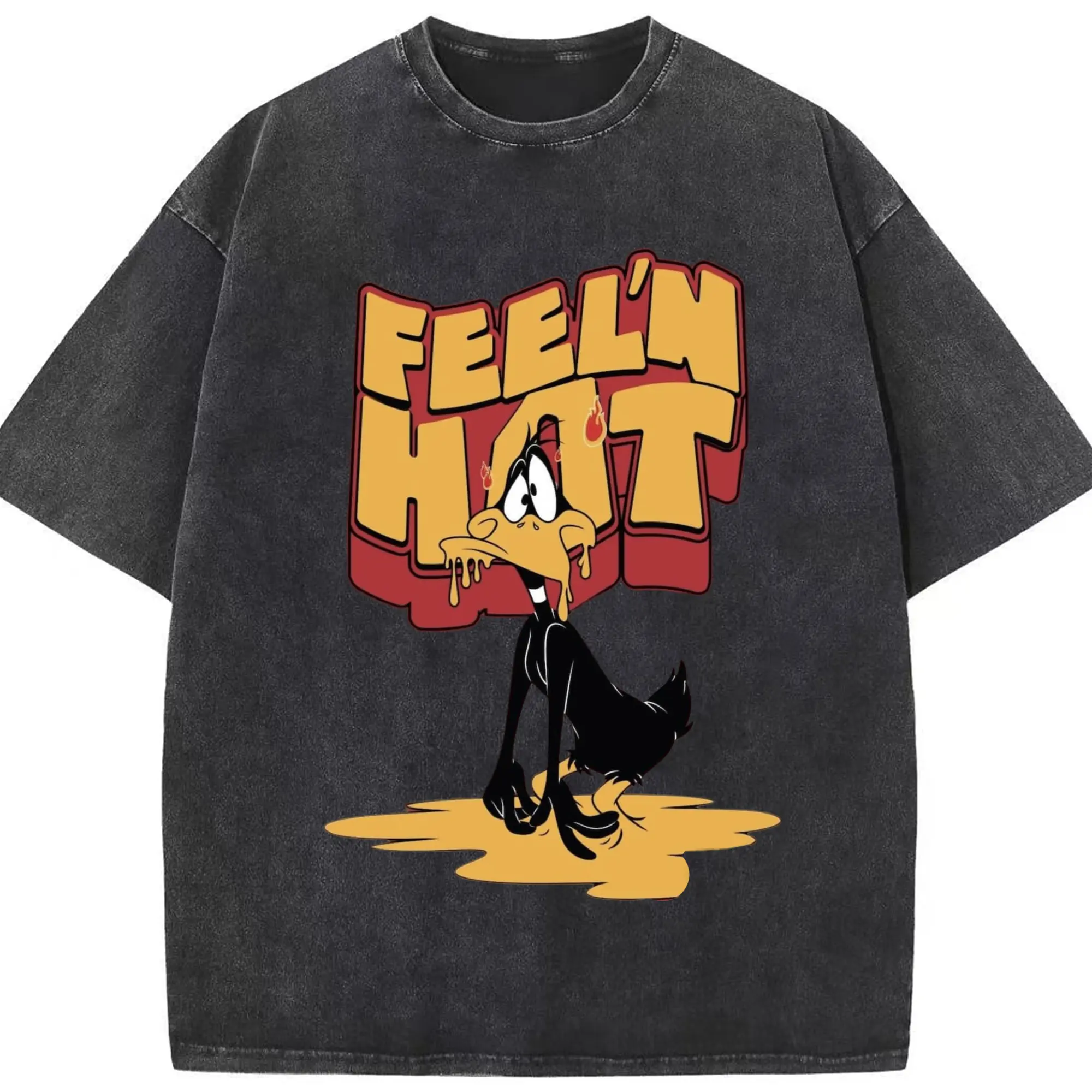 Daffy duck graphic tee - Washed Vintage Look 230g Cotton Oversized T-Shirt With Front Heat Transfer Print – Soft, Lightweight, Stylish Fit – Comfortable Casual Wear For Sports & Everyday Use