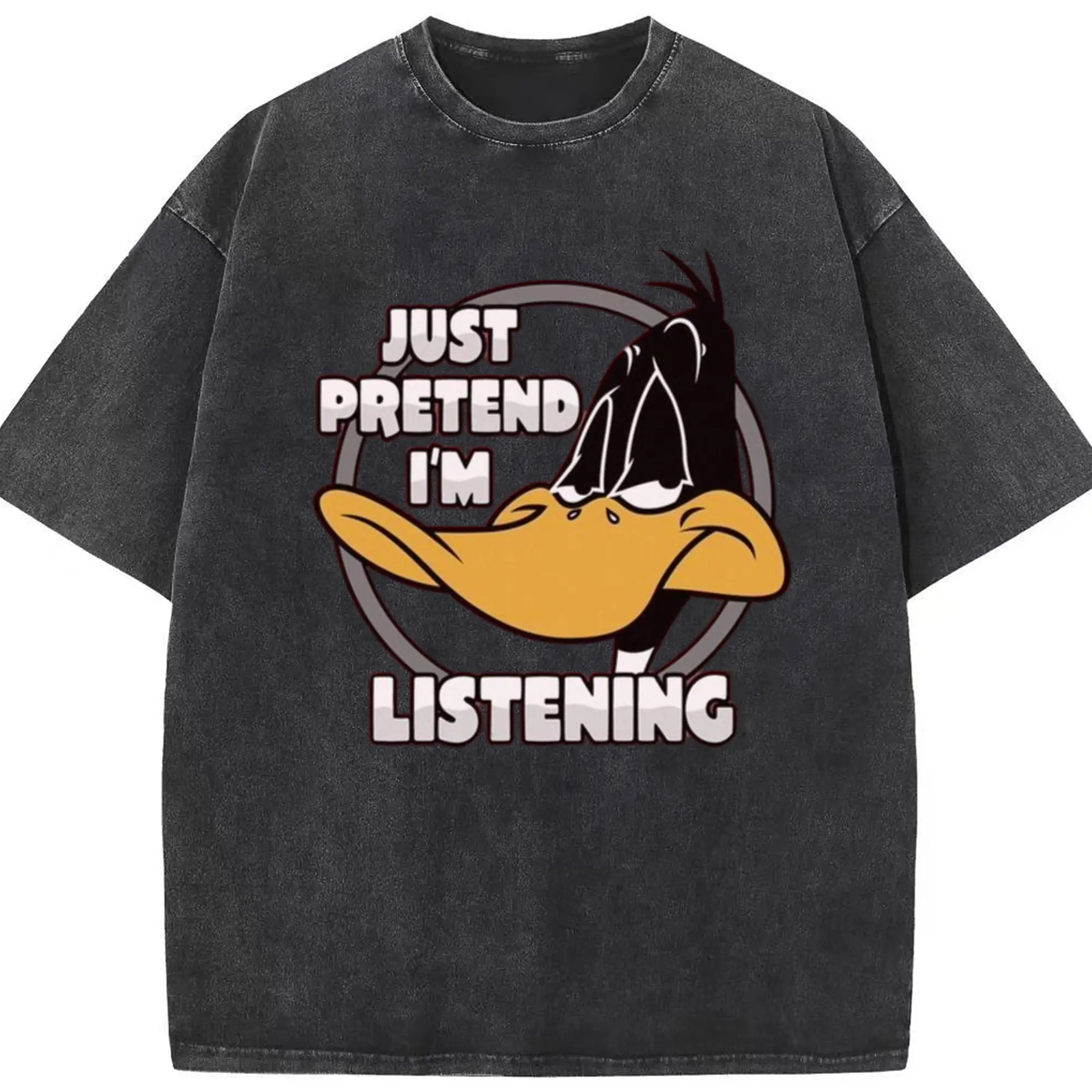Daffy duck graphic t-shirt - Washed Vintage Look 230g Cotton Oversized T-Shirt With Front Heat Transfer Print – Soft, Lightweight, Stylish Fit – Comfortable Casual Wear For Sports & Everyday Use