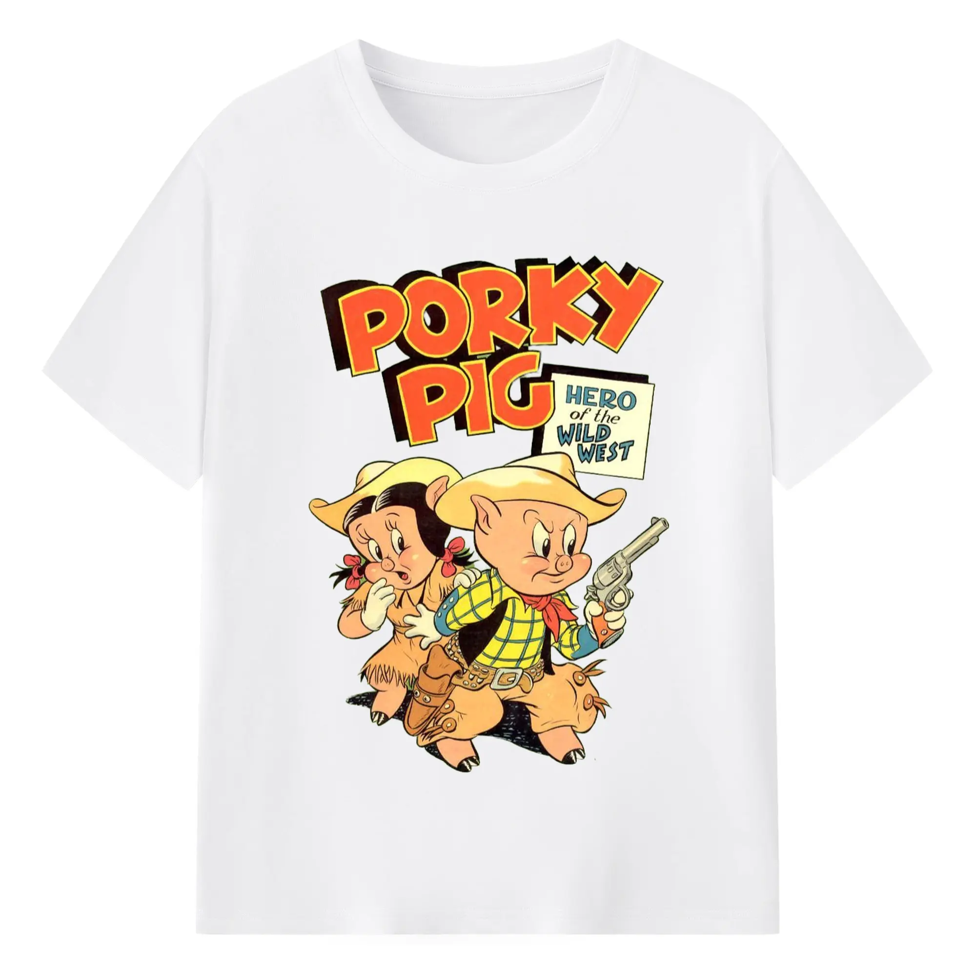 Porky Pig cowboy t-shirt - 180g Cotton T-Shirt With Front Heat Transfer Print – Soft, Lightweight, Fitted Design – Comfortable Casual Wear For Sports & Everyday Use