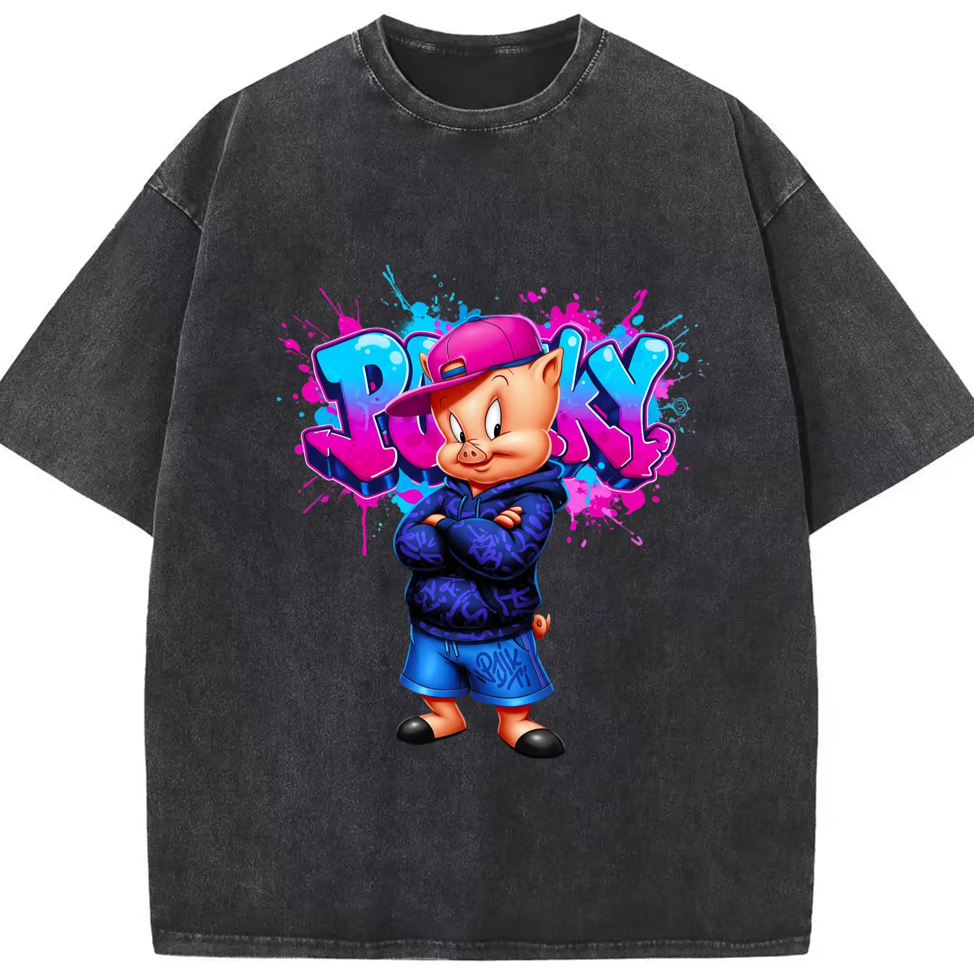 Men's Porky Pig tee - Washed Vintage Look 230g Cotton Oversized T-Shirt With Front Heat Transfer Print – Soft, Lightweight, Stylish Fit – Comfortable Casual Wear For Sports & Everyday Use