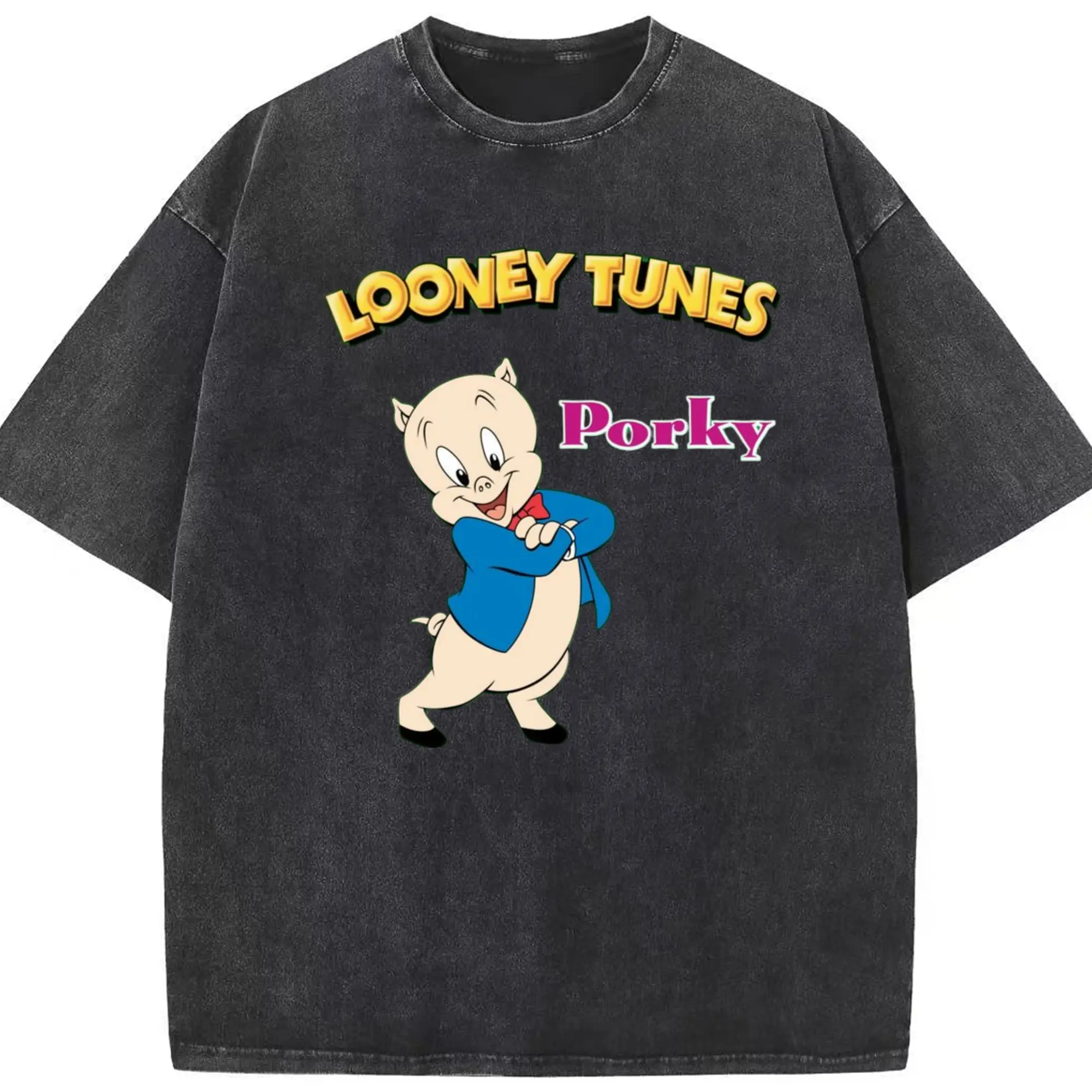 Men's Porky Pig t-shirt - Washed Vintage Look 230g Cotton Oversized T-Shirt With Front Heat Transfer Print – Soft, Lightweight, Stylish Fit – Comfortable Casual Wear For Sports & Everyday Use
