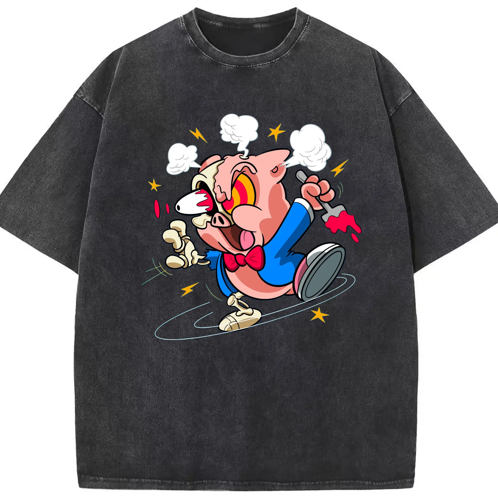 Porky Pig Cartoon graphic shirt - Washed Vintage Look 230g Cotton Oversized T-Shirt With Front Heat Transfer Print – Soft, Lightweight, Stylish Fit – Comfortable Casual Wear For Sports & Everyday Use