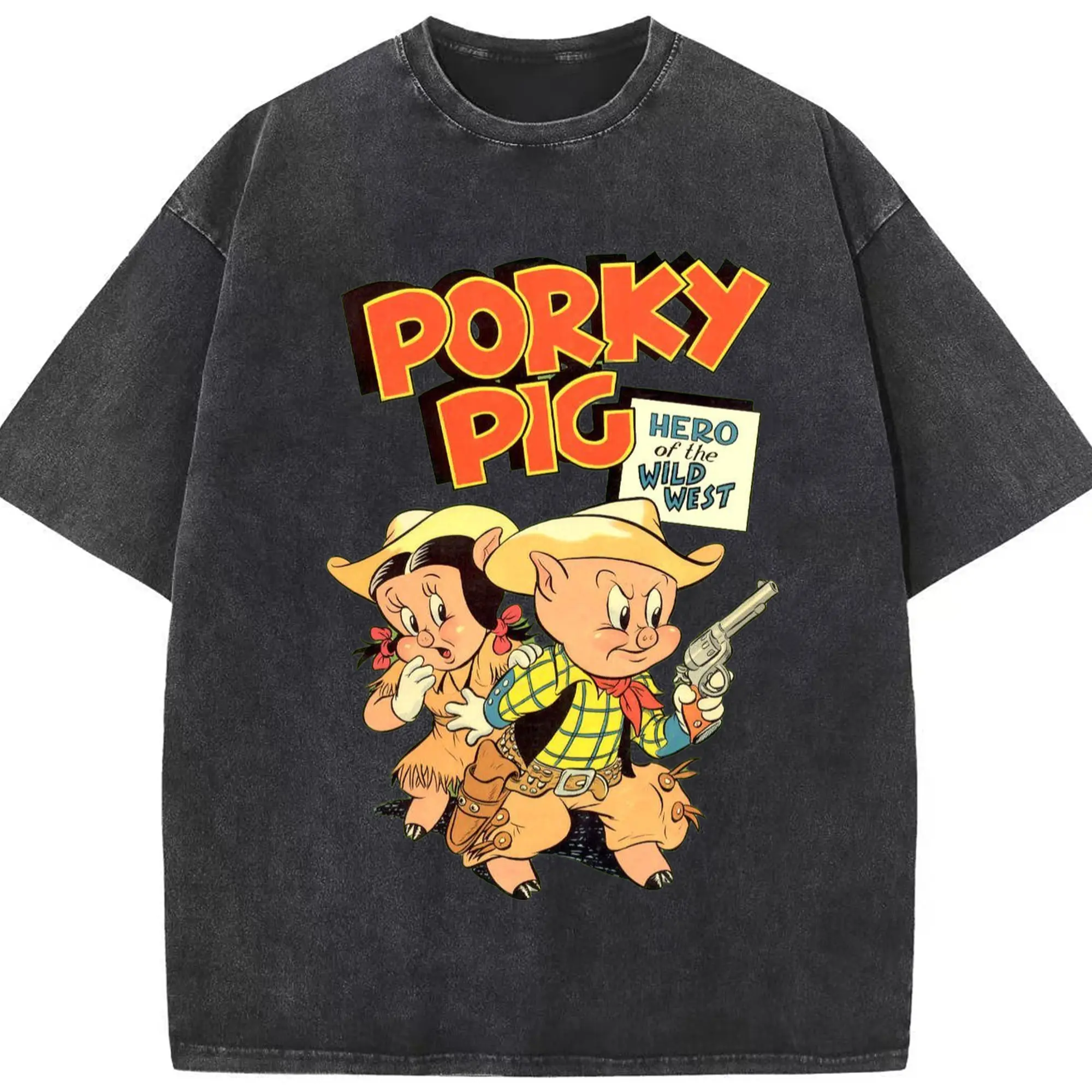 Porky Pig cowboy t-shirt - Washed Vintage Look 230g Cotton Oversized T-Shirt With Front Heat Transfer Print – Soft, Lightweight, Stylish Fit – Comfortable Casual Wear For Sports & Everyday Use